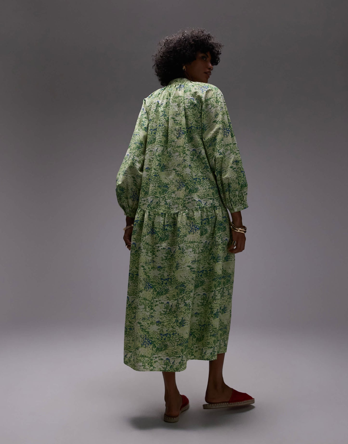 ARKET pure cotton smock midaxi dress with drop waist in green leaf print