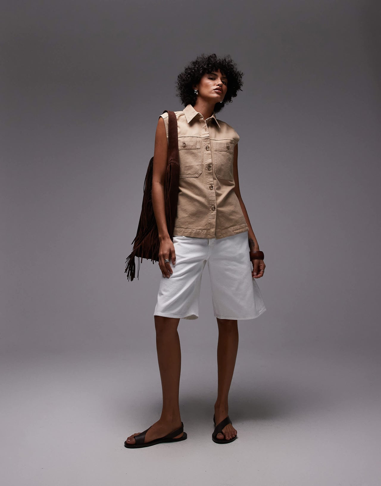 ARKET pure cotton oversized belted workwear waistcoat in beige