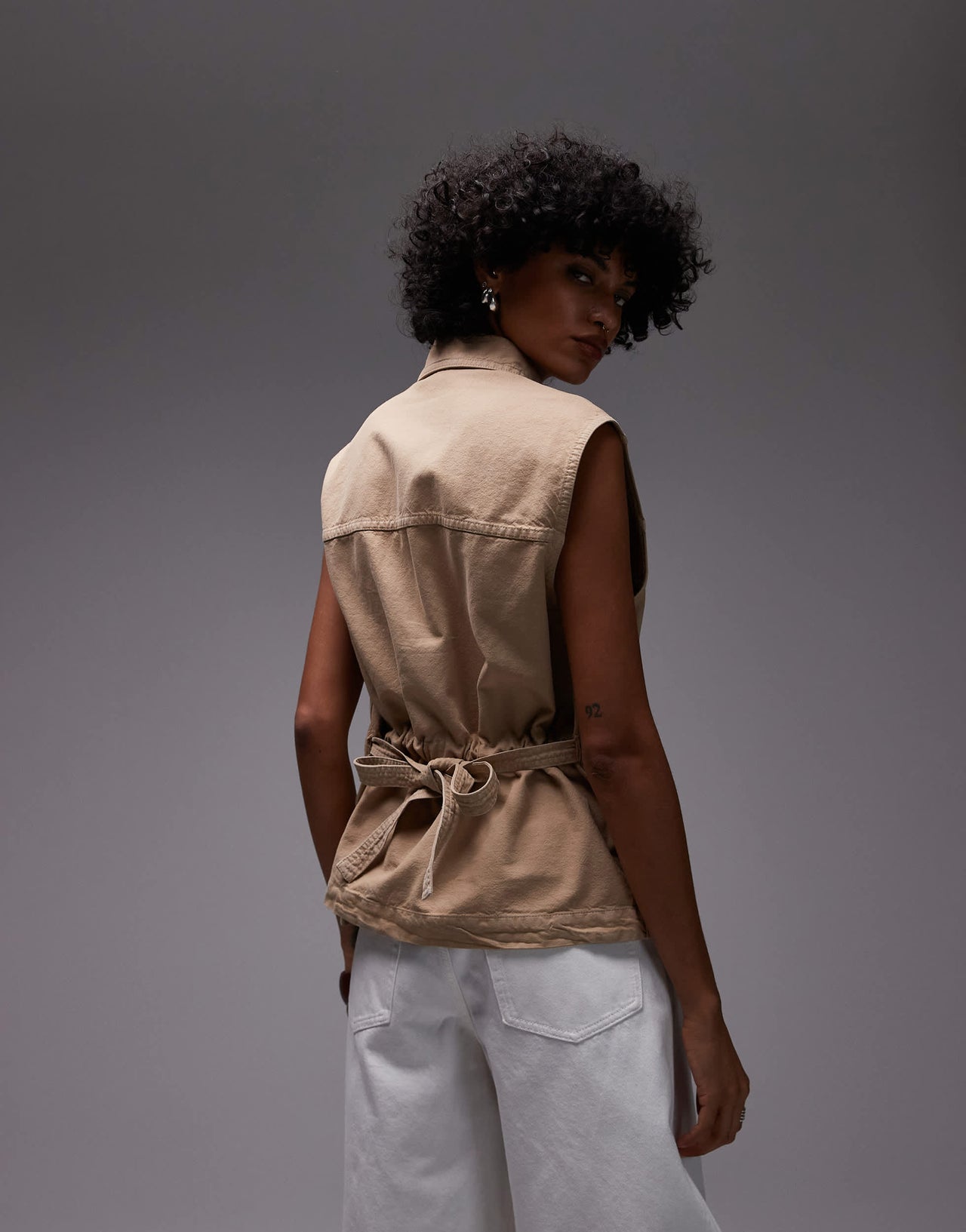 ARKET pure cotton oversized belted workwear waistcoat in beige