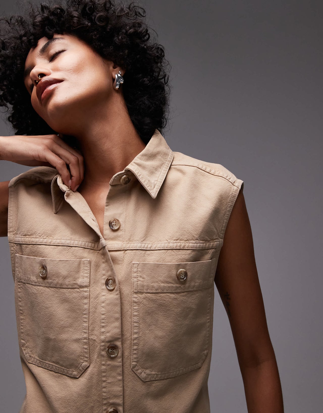 ARKET pure cotton oversized belted workwear waistcoat in beige