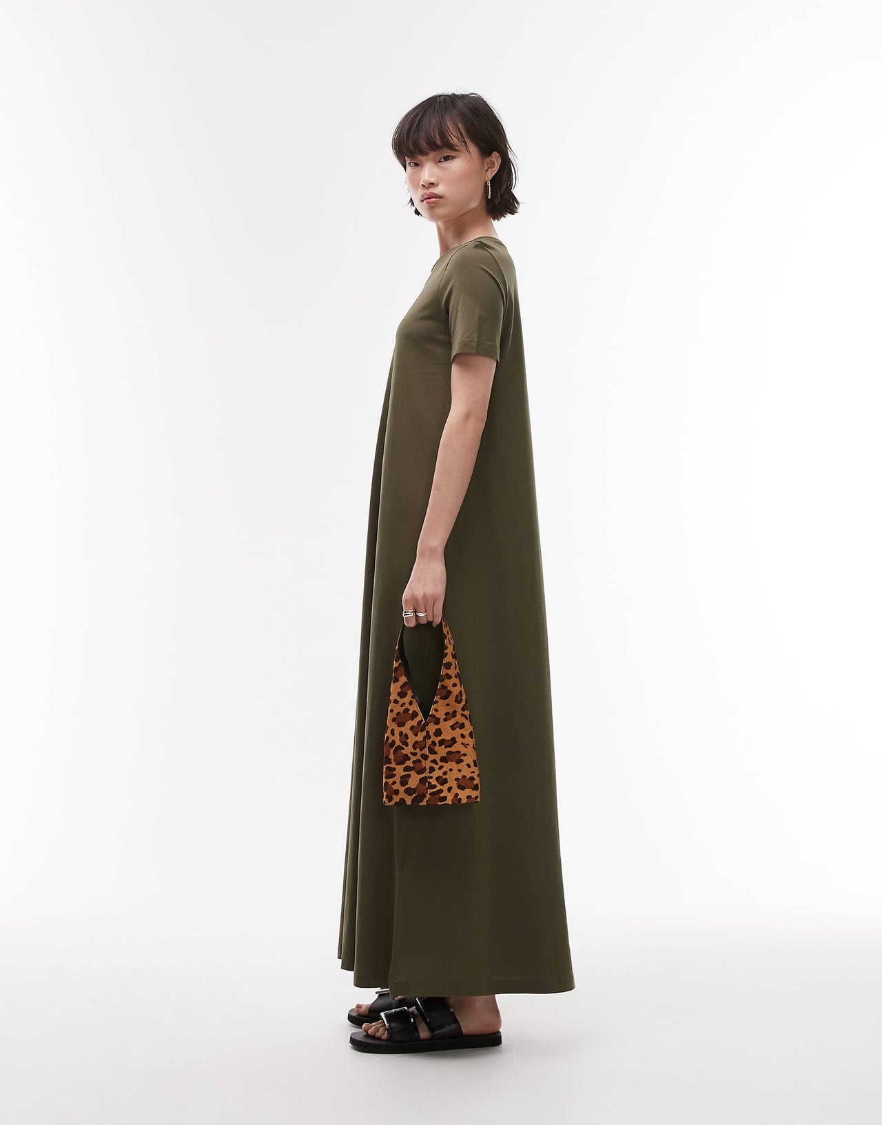 ARKET pure cotton column maxi dress with  short sleeves in khaki