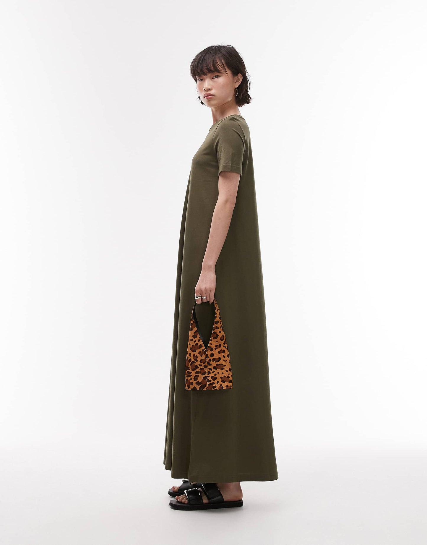 ARKET pure cotton column maxi dress with  short sleeves in khaki