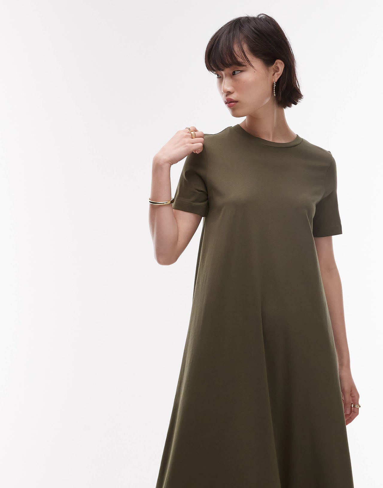 ARKET pure cotton column maxi dress with  short sleeves in khaki