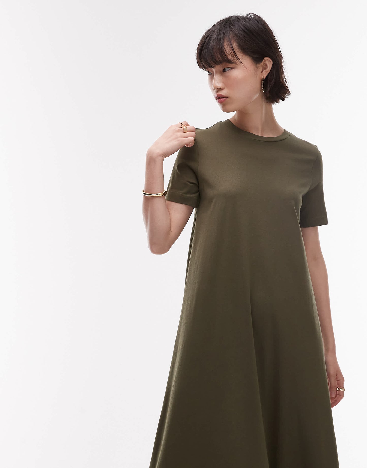 ARKET pure cotton column maxi dress with  short sleeves in khaki