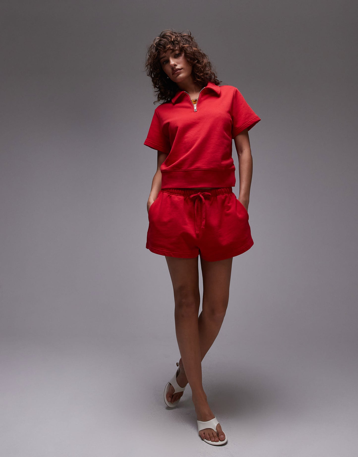 ARKET quarter zip short sleeve polo in red