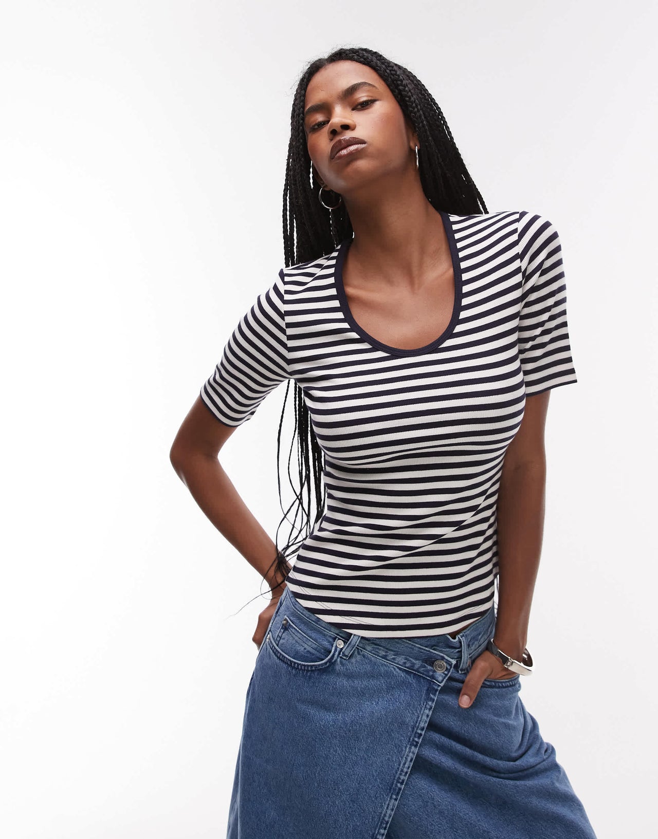 ARKET jersey ribbed t-shirt top with scoop neck in blue stripes
