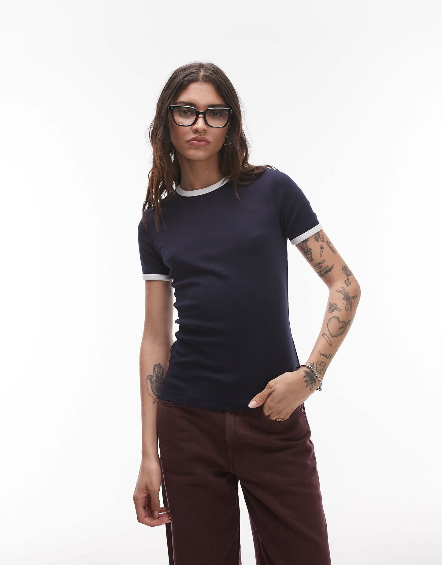 ARKET jersey ribbed t-shirt in navy blue with contrast binding