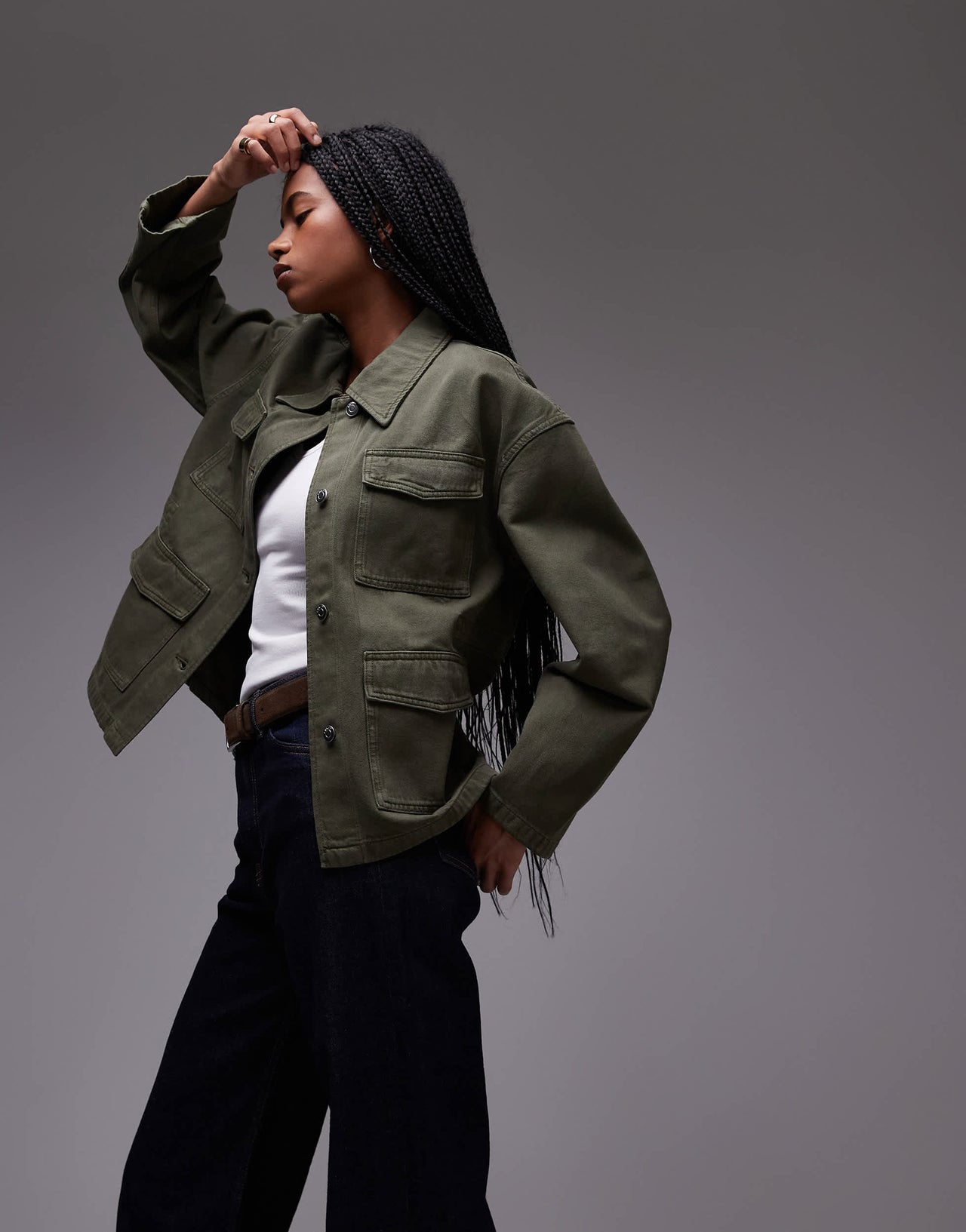 ARKET  denim jacket with patch pockets and cinch back in washed khaki