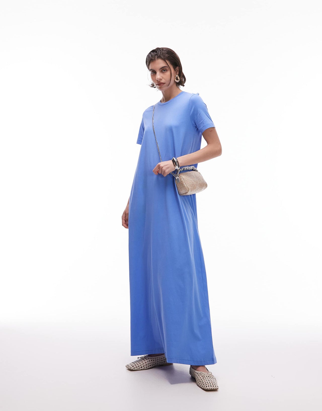 ARKET pure cotton jersey maxi dress with  short sleeves in blue