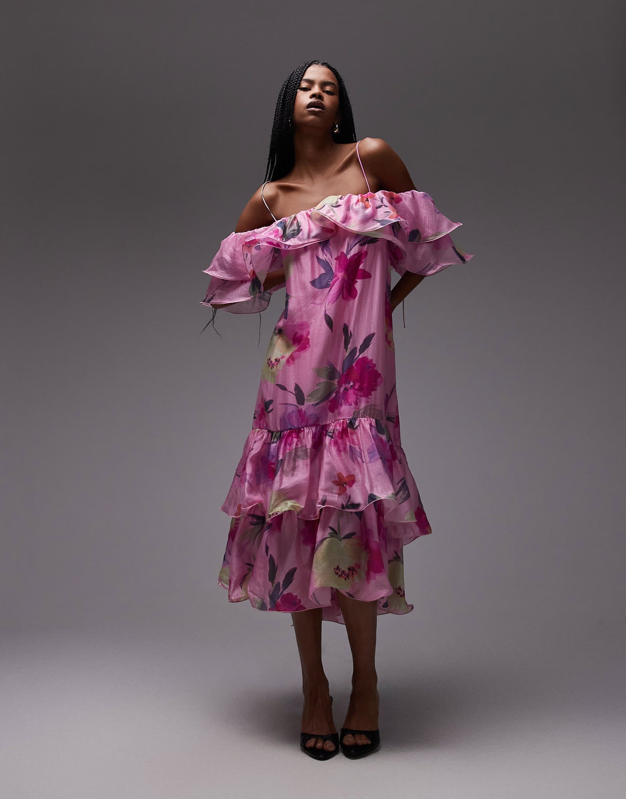 & Other Stories off shoulder ruffle midaxi dress in pink floral print