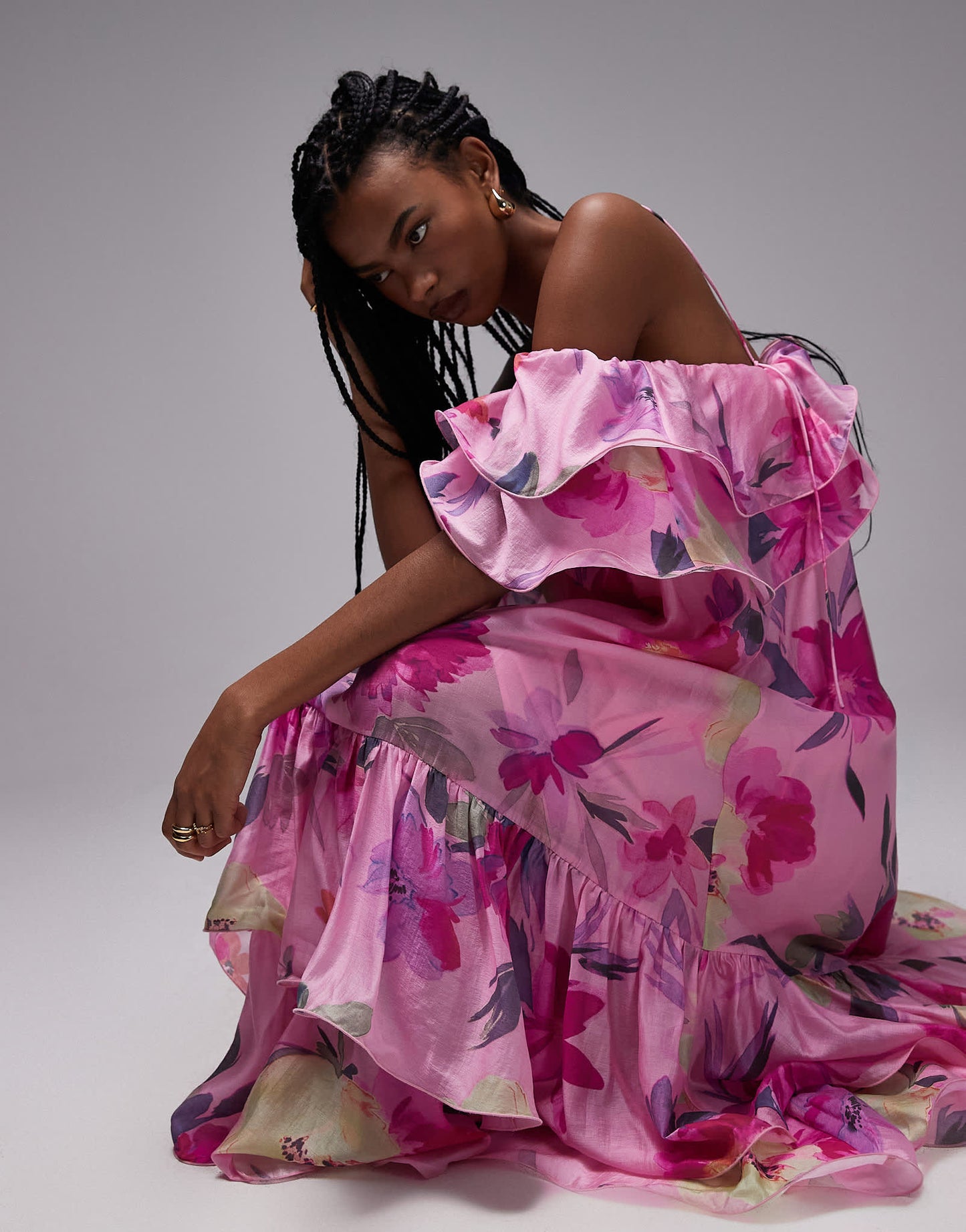 & Other Stories off shoulder ruffle midaxi dress in pink floral print