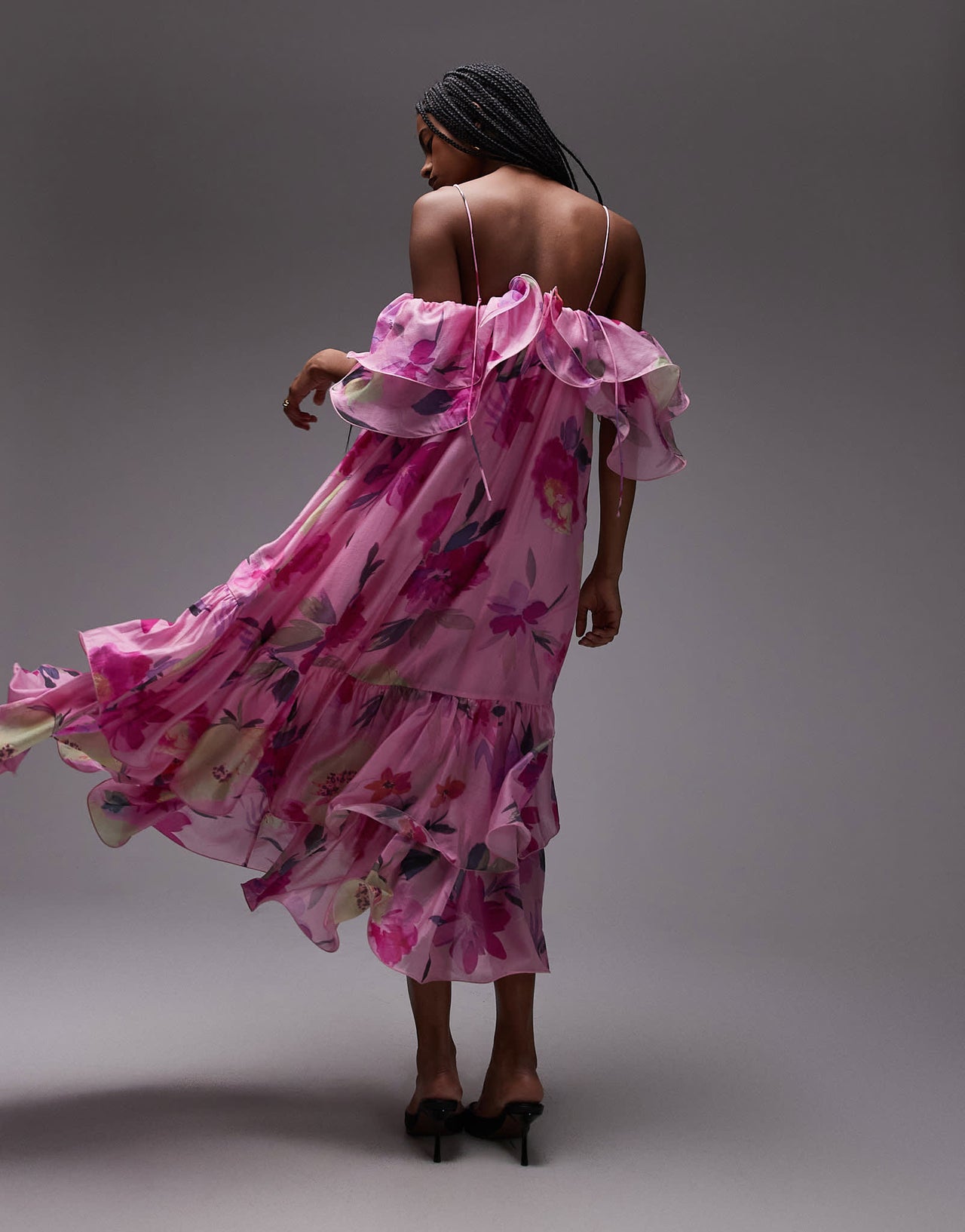 & Other Stories off shoulder ruffle midaxi dress in pink floral print
