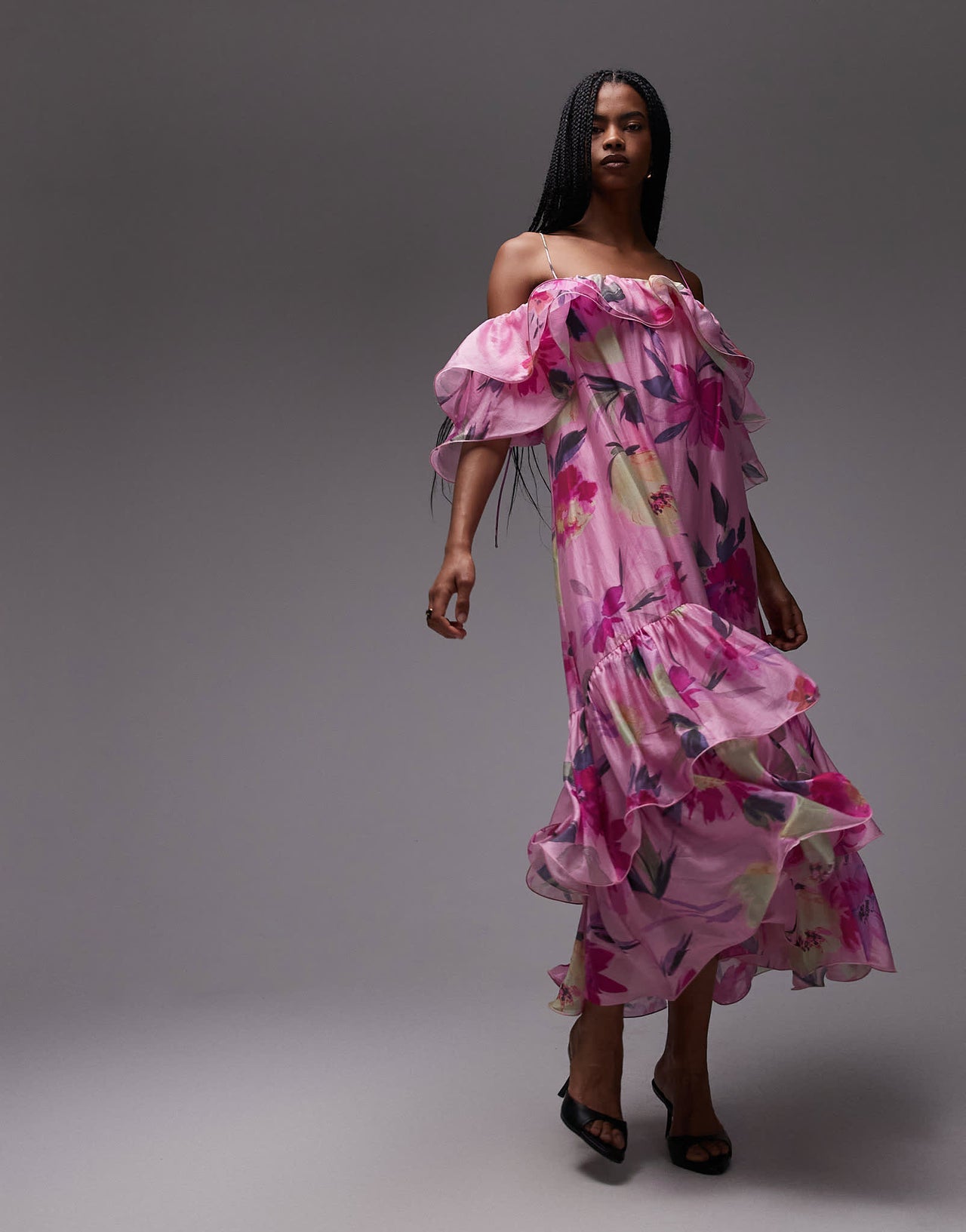 & Other Stories off shoulder ruffle midaxi dress in pink floral print