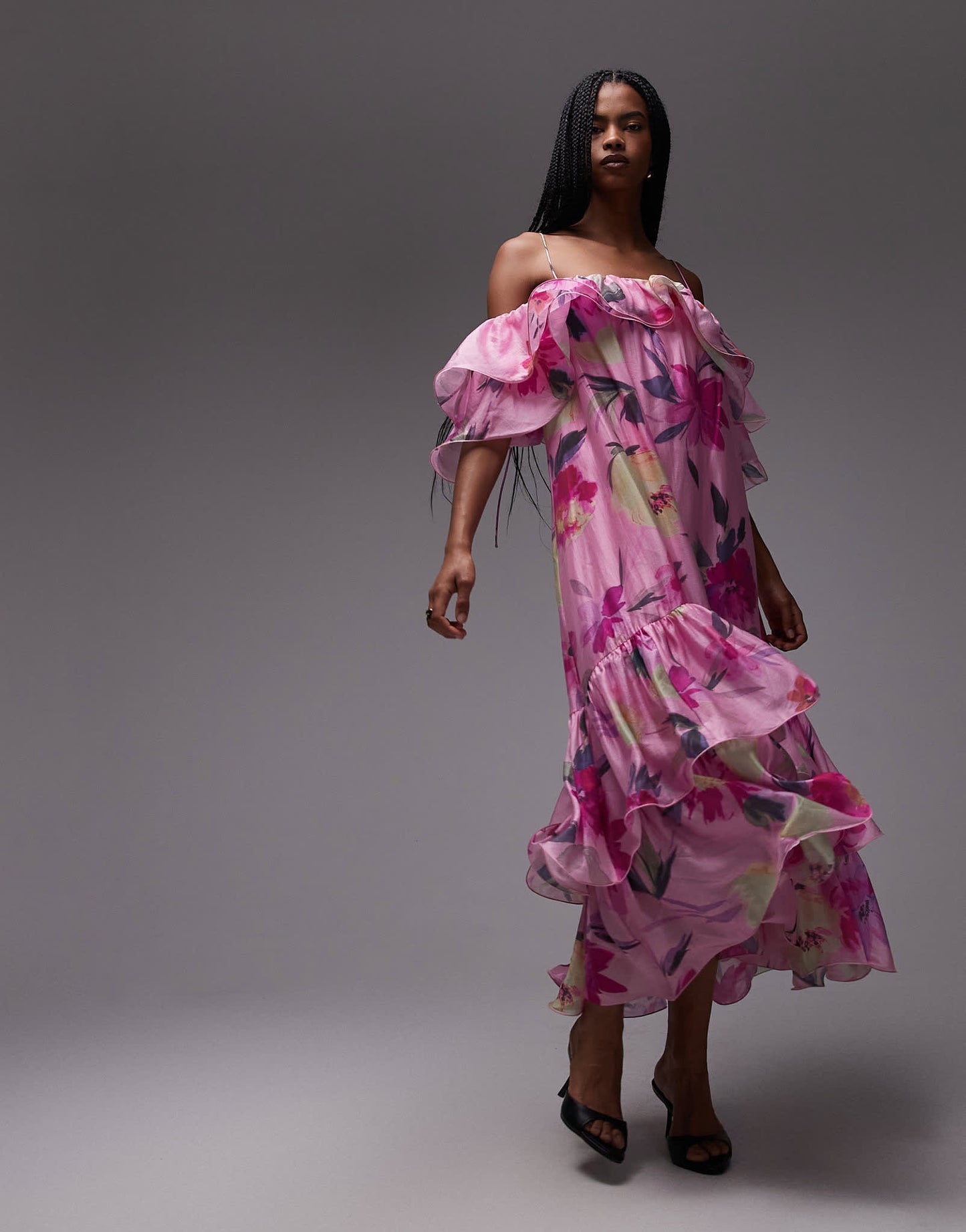 & Other Stories off shoulder ruffle midaxi dress in pink floral print