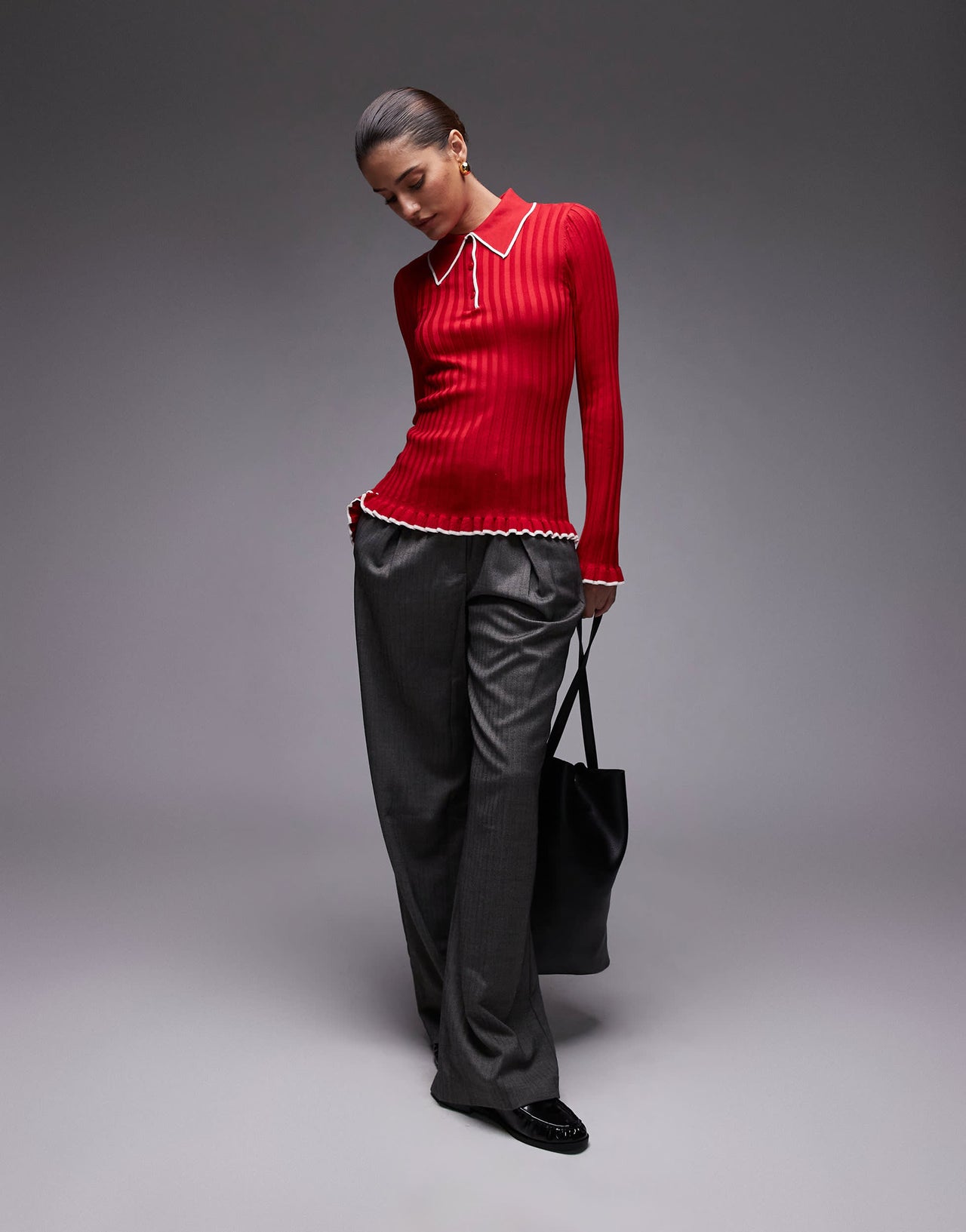& Other Stories knitted rib polo top with long sleeves in red
