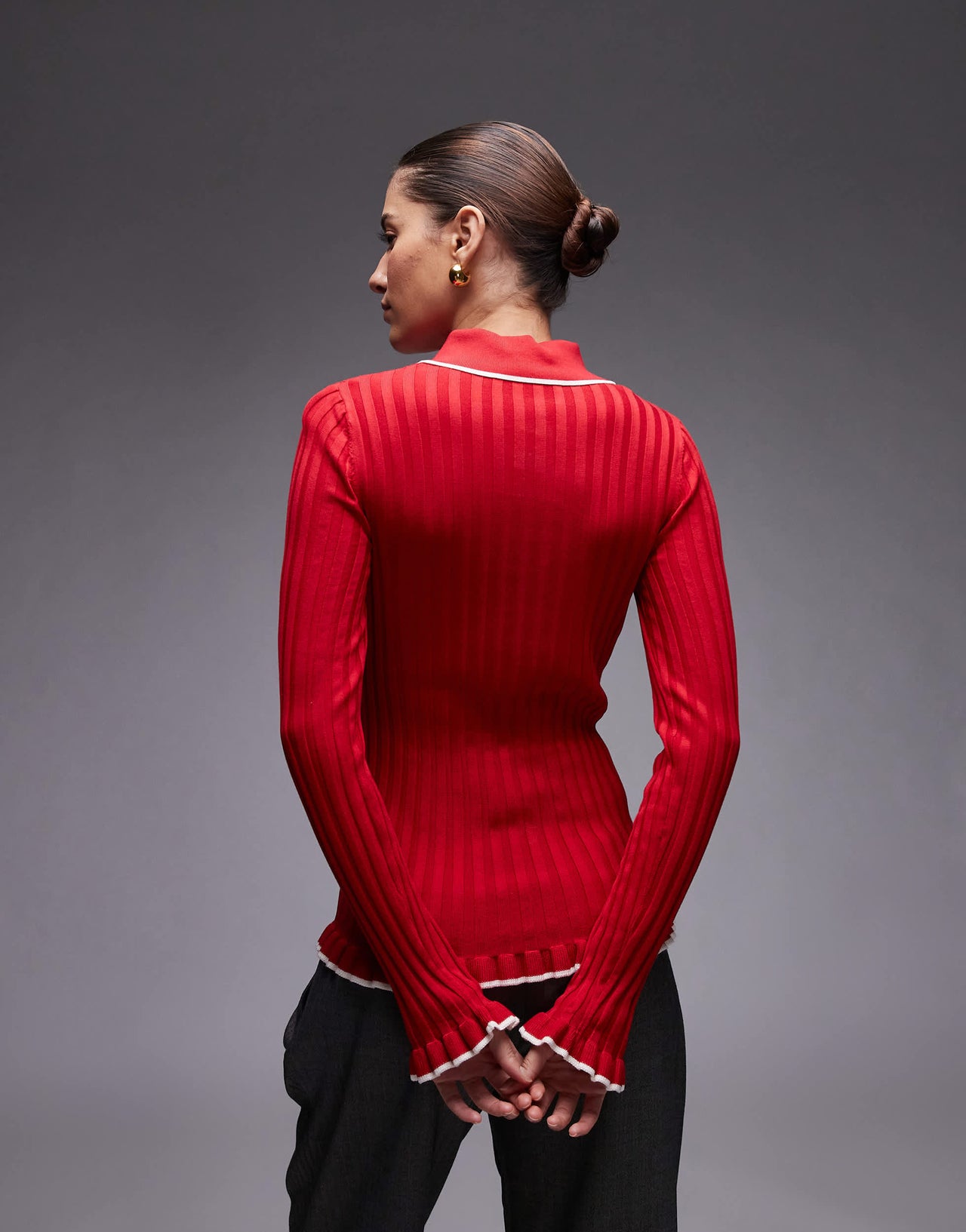 & Other Stories knitted rib polo top with long sleeves in red