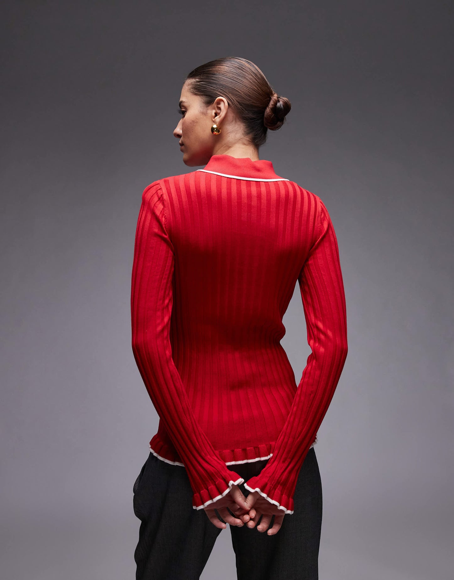 & Other Stories knitted rib polo top with long sleeves in red