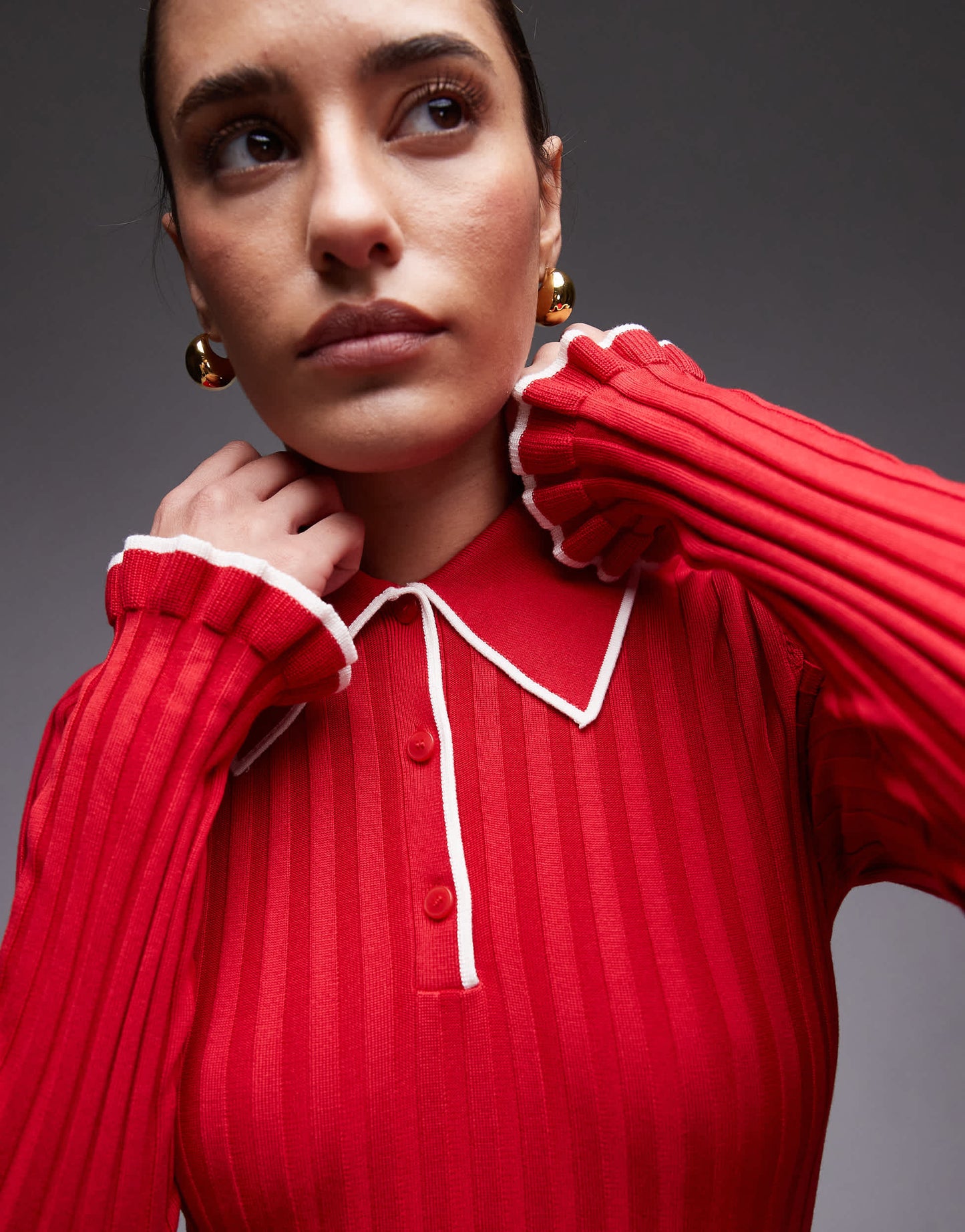 & Other Stories knitted rib polo top with long sleeves in red