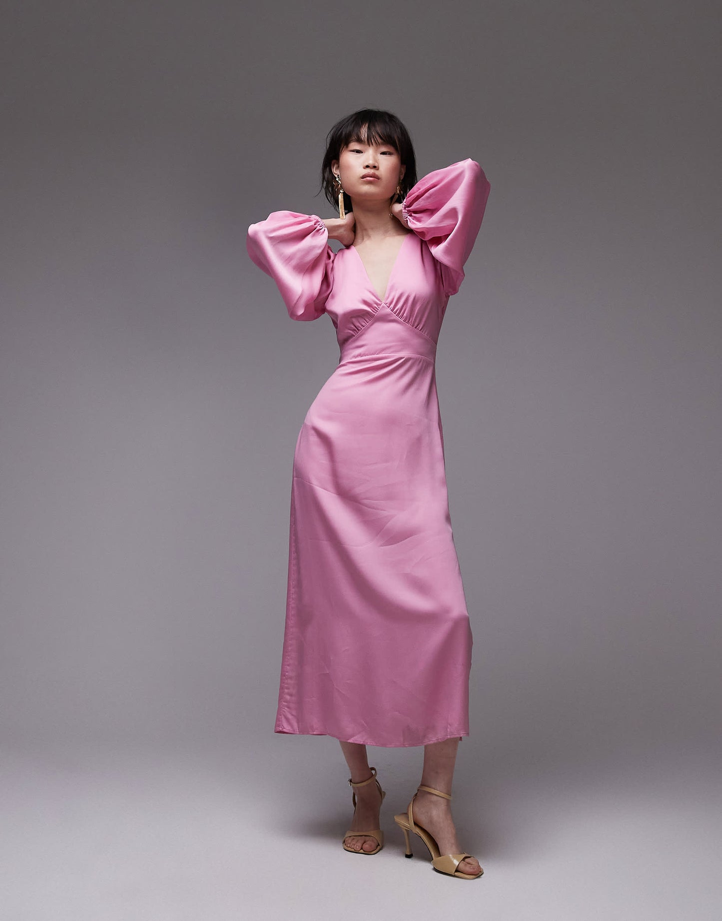 & Other Stories midi dress with side splits and volume sleeves in pink