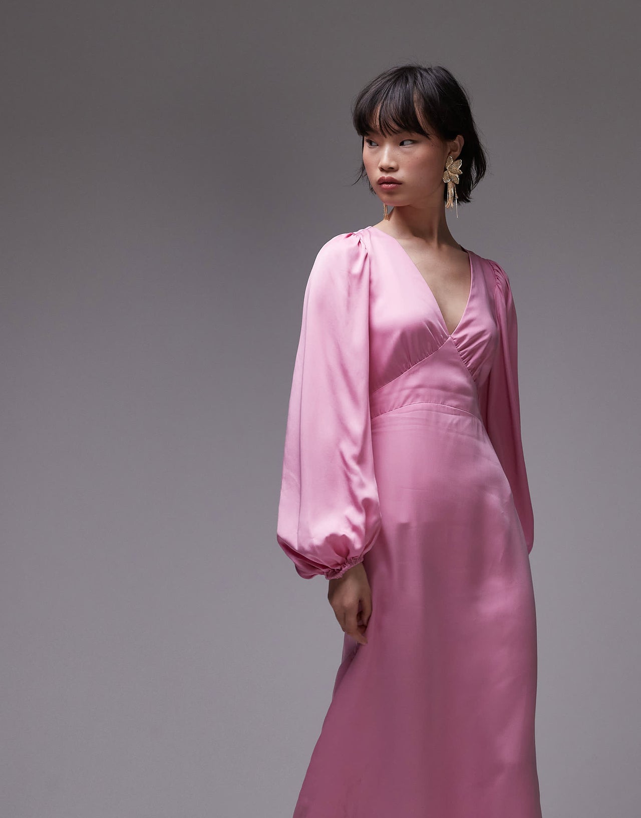 & Other Stories midi dress with side splits and volume sleeves in pink
