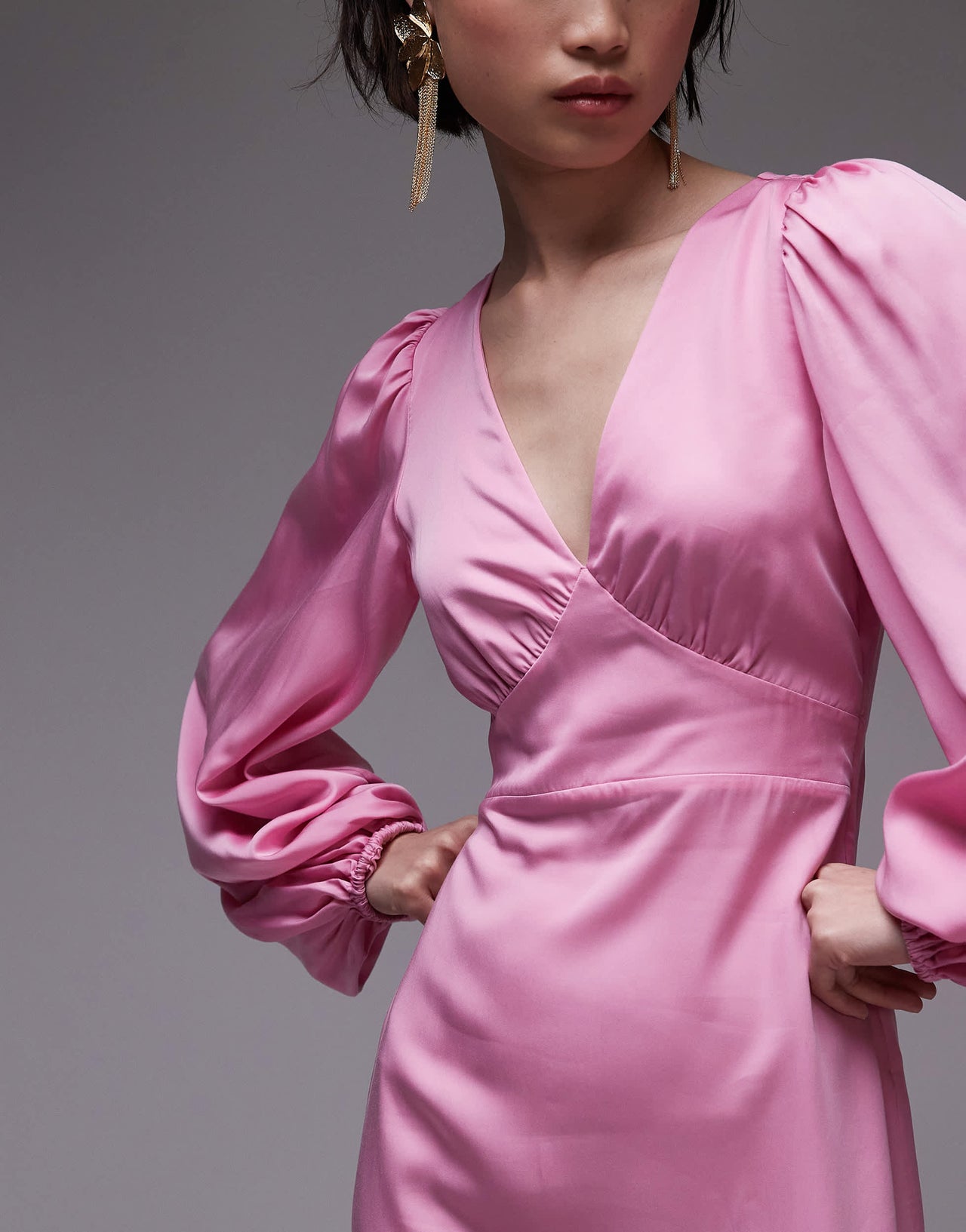 & Other Stories midi dress with side splits and volume sleeves in pink