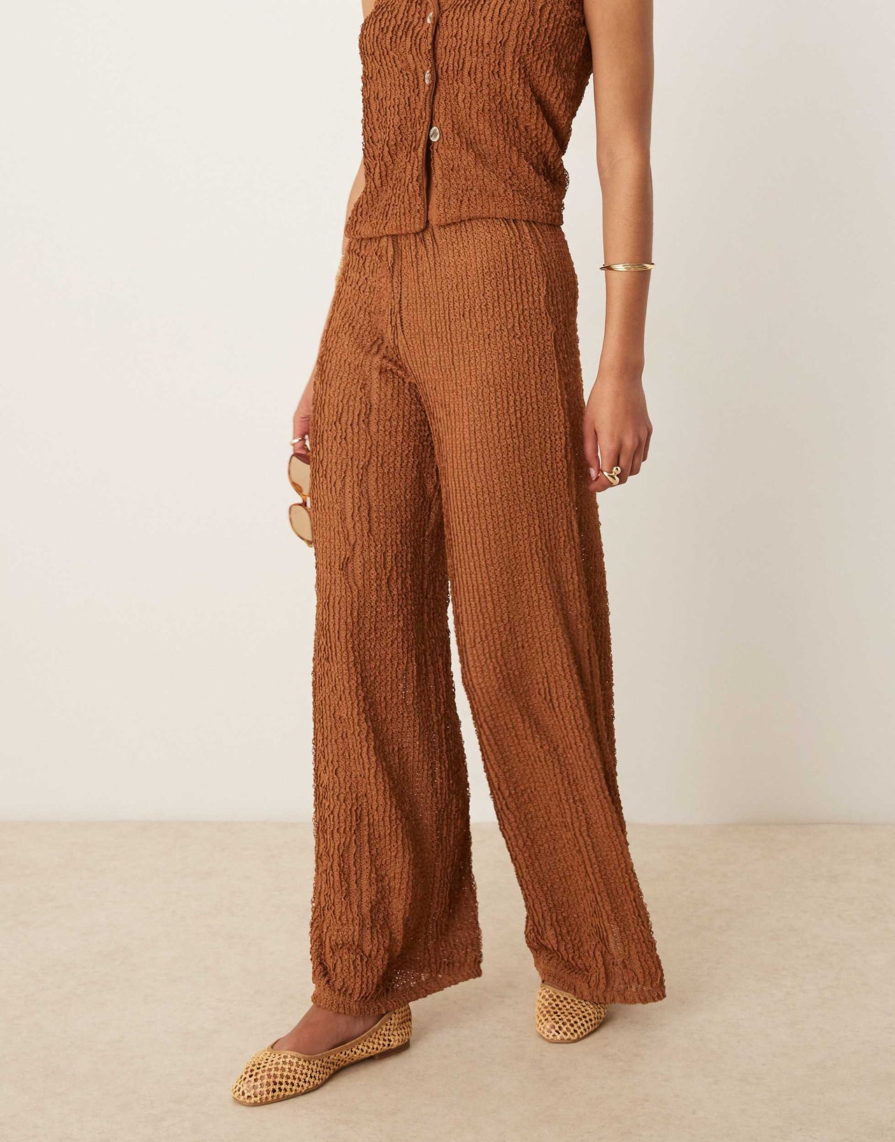 ASOS DESIGN co-ord textured wide leg in brown
