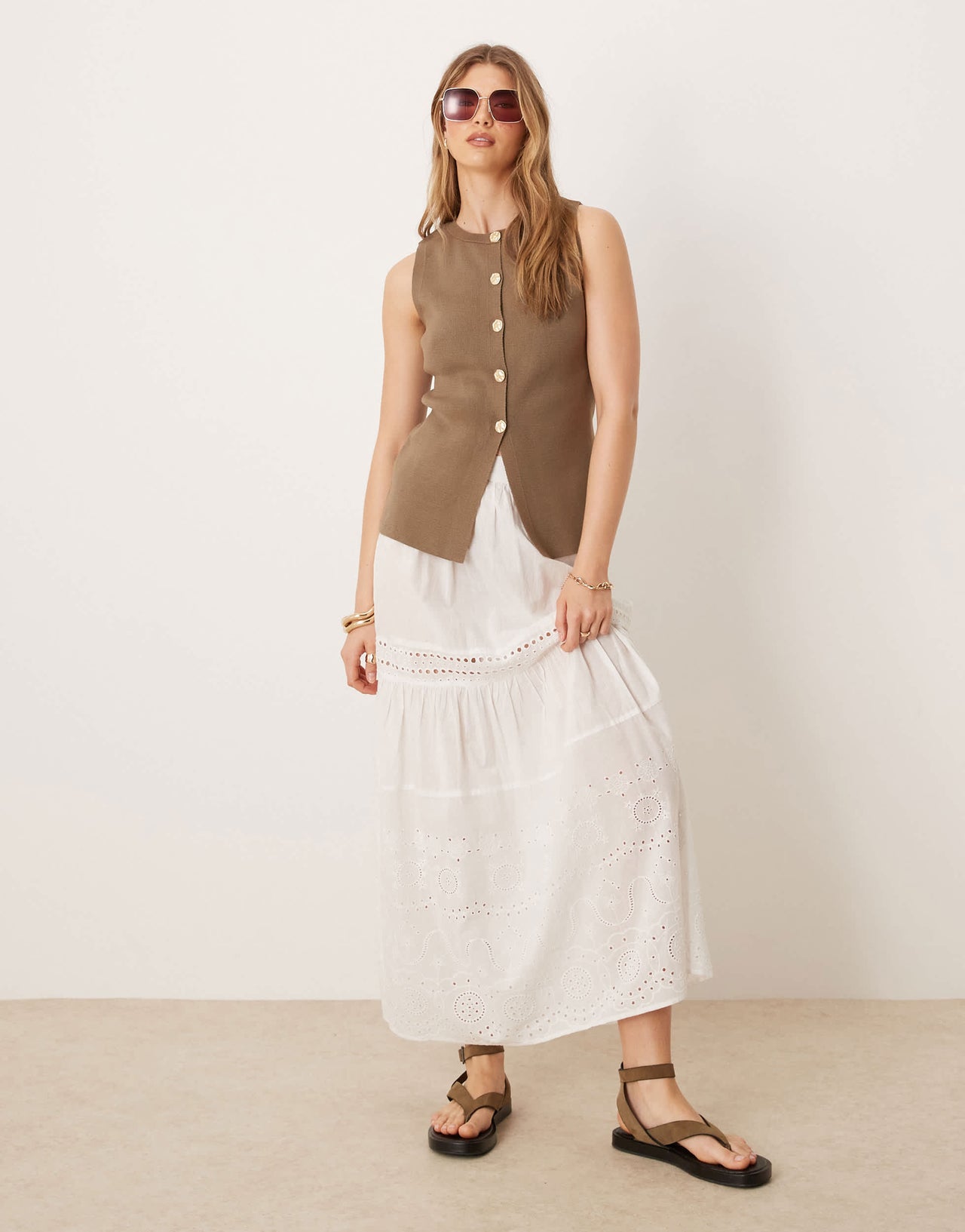 ASOS DESIGN knitted crew neck structured waistcoat with gold buttons in mocha