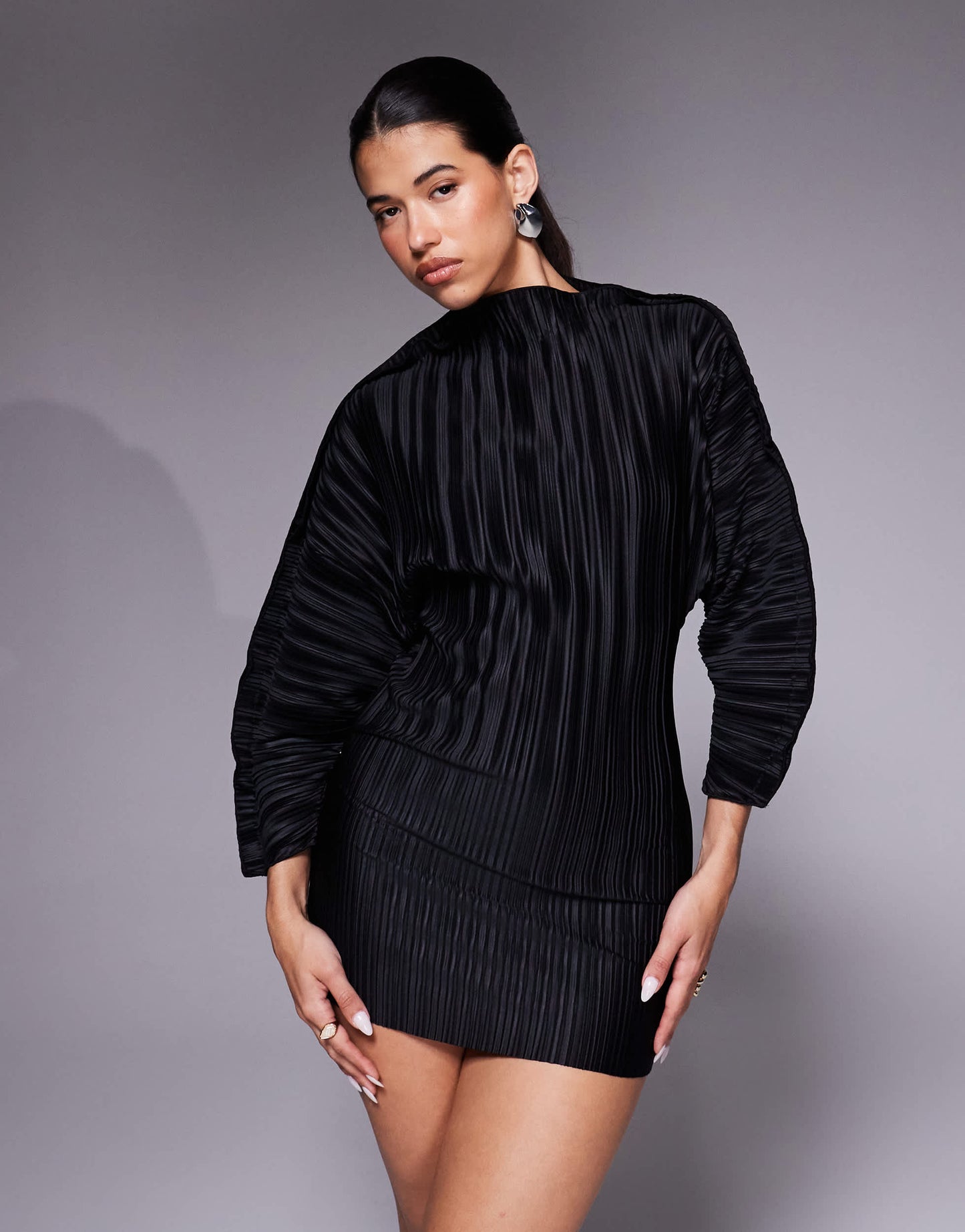 ASOS DESIGN plisse long cocoon sleeve mini dress with waist seam in black