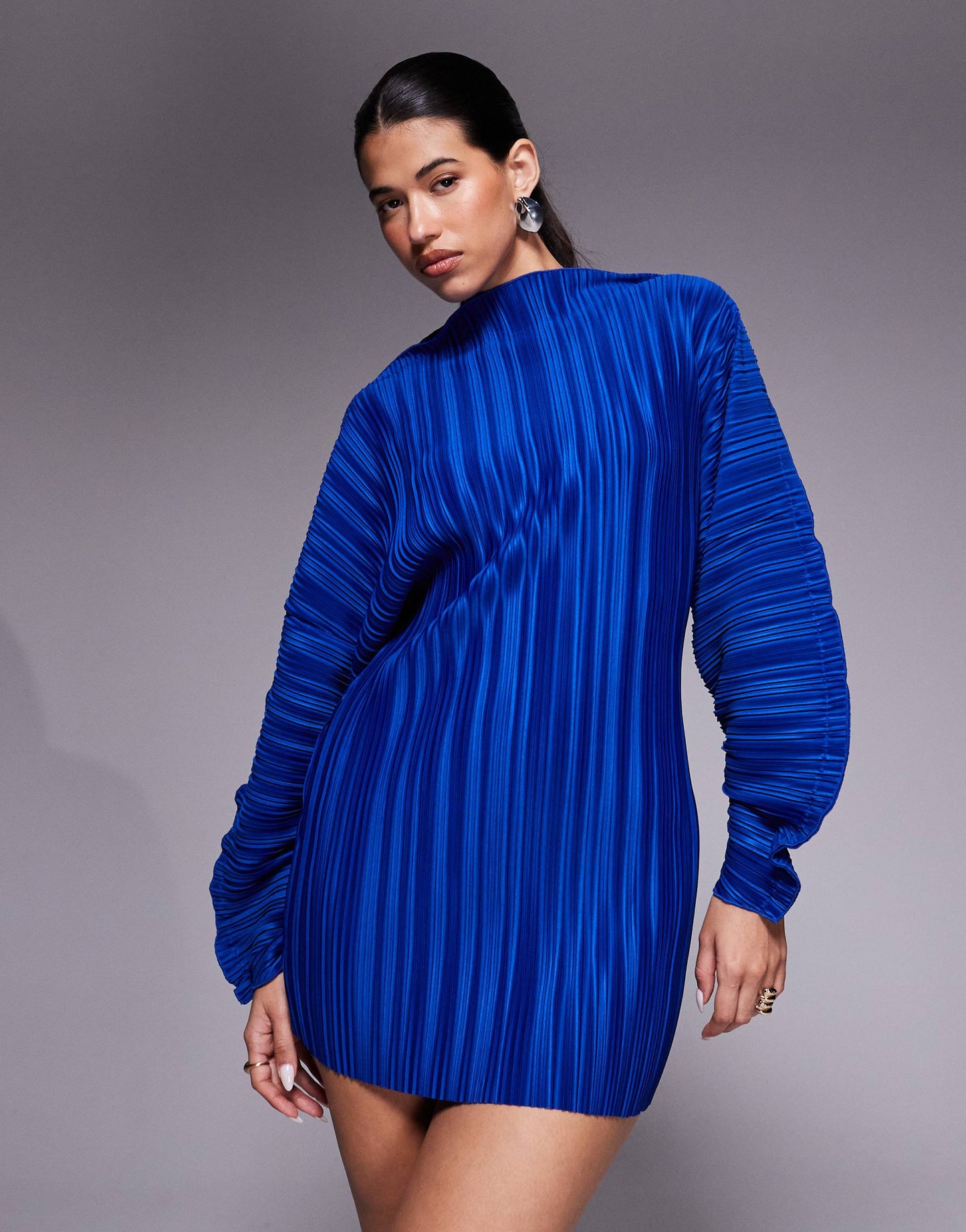 ASOS DESIGN plisse long cocoon sleeve mini dress with waist seam in cobalt blue