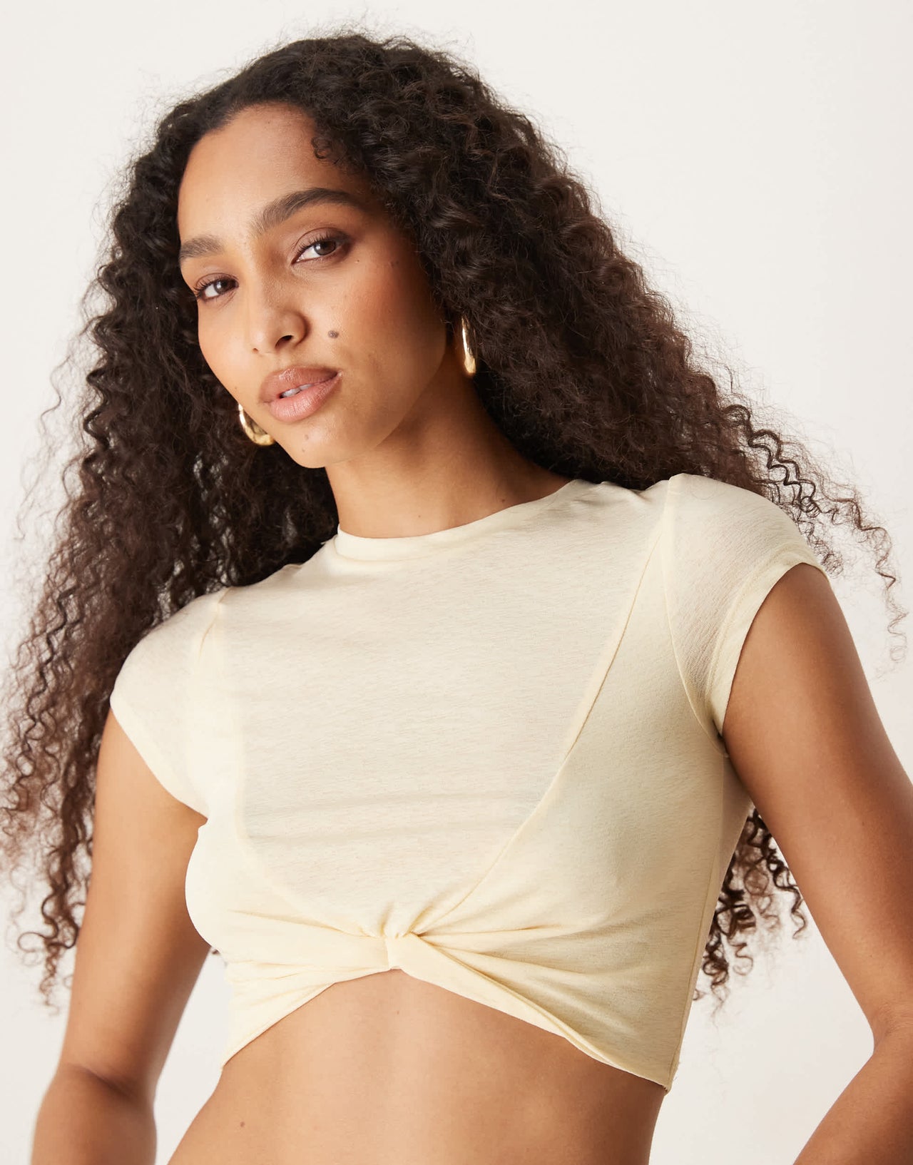 ASOS DESIGN knot front mesh short sleeve crop top in almond