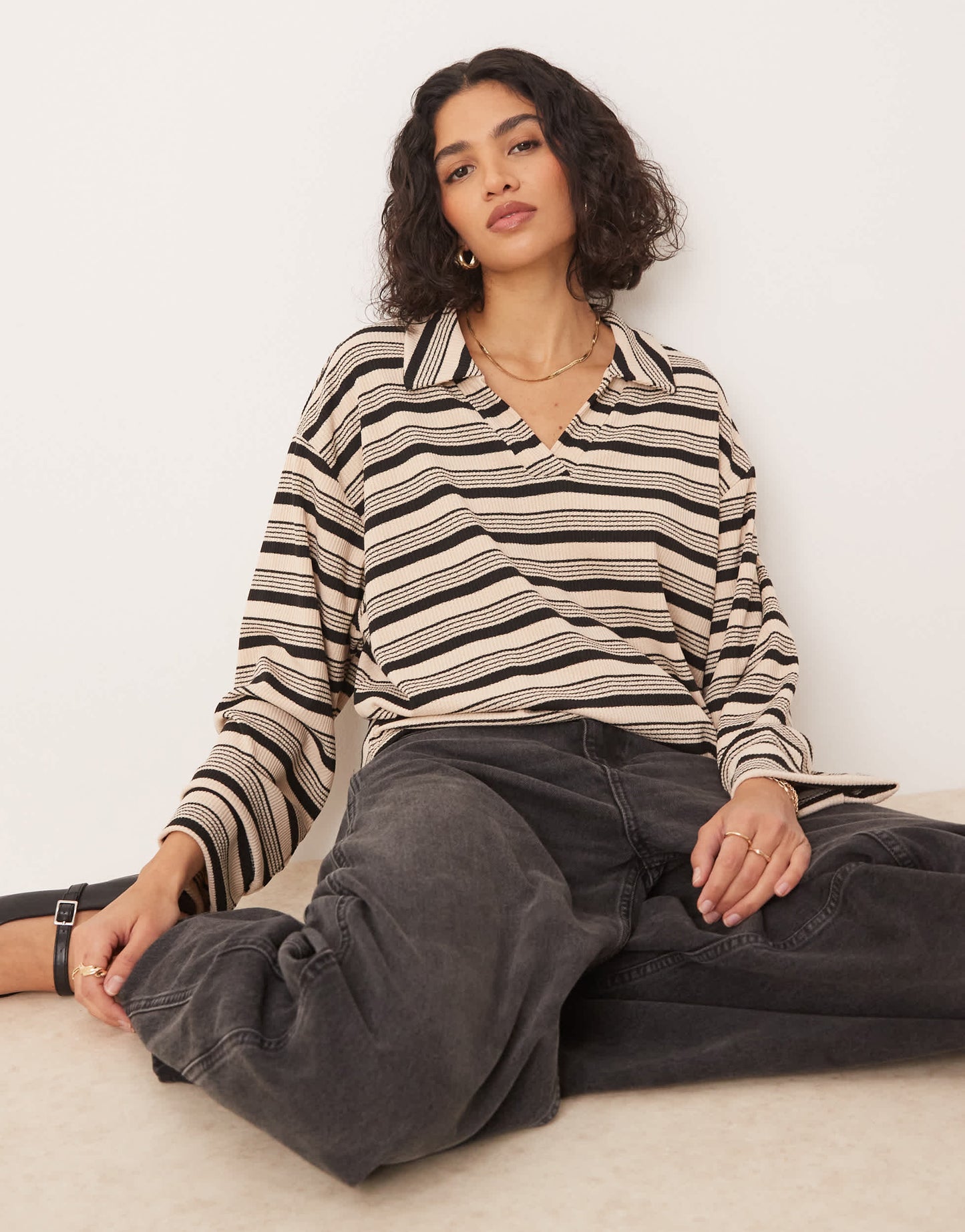 ASOS DESIGN long sleeve rugby collar top in camel stripe