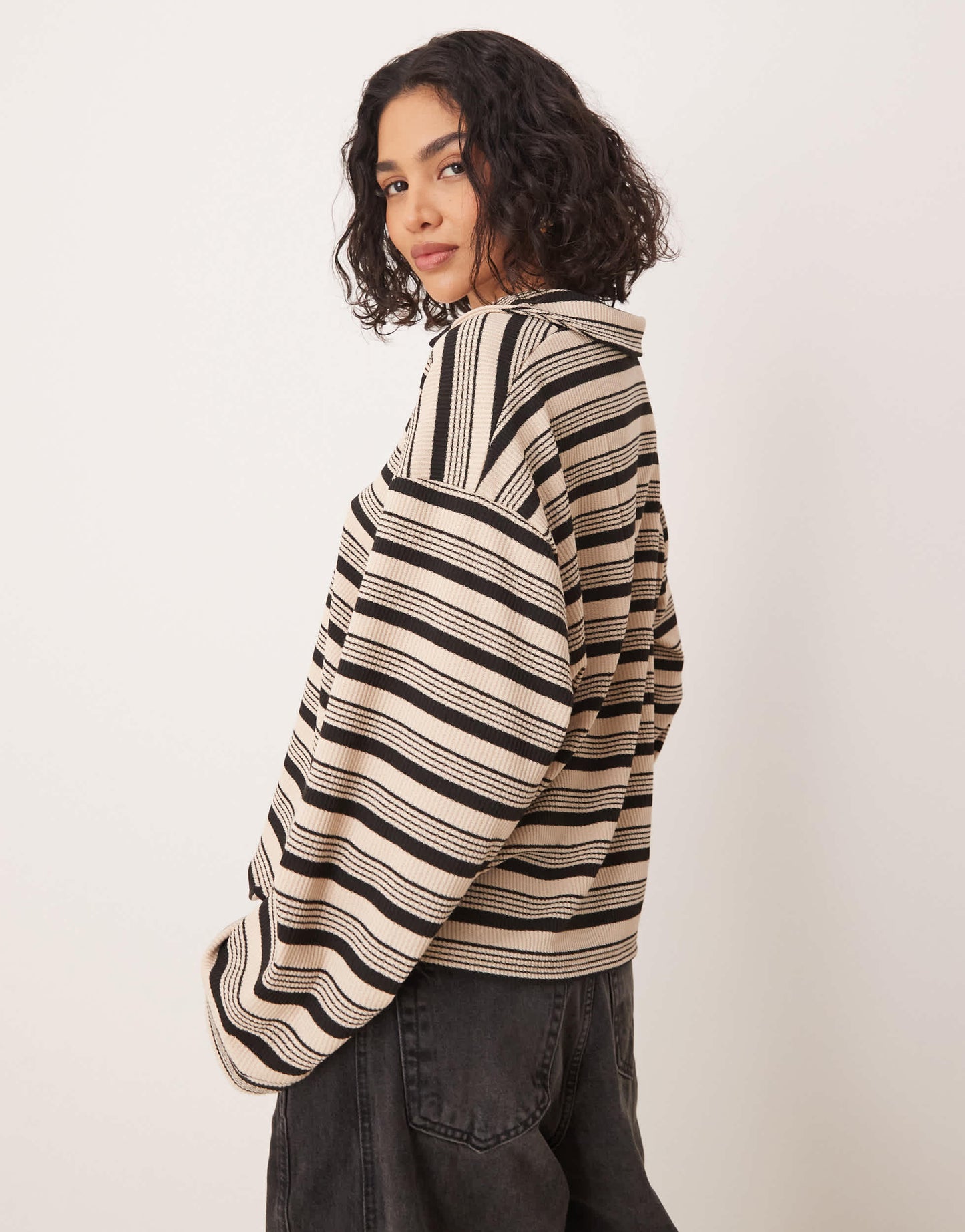 ASOS DESIGN long sleeve rugby collar top in camel stripe