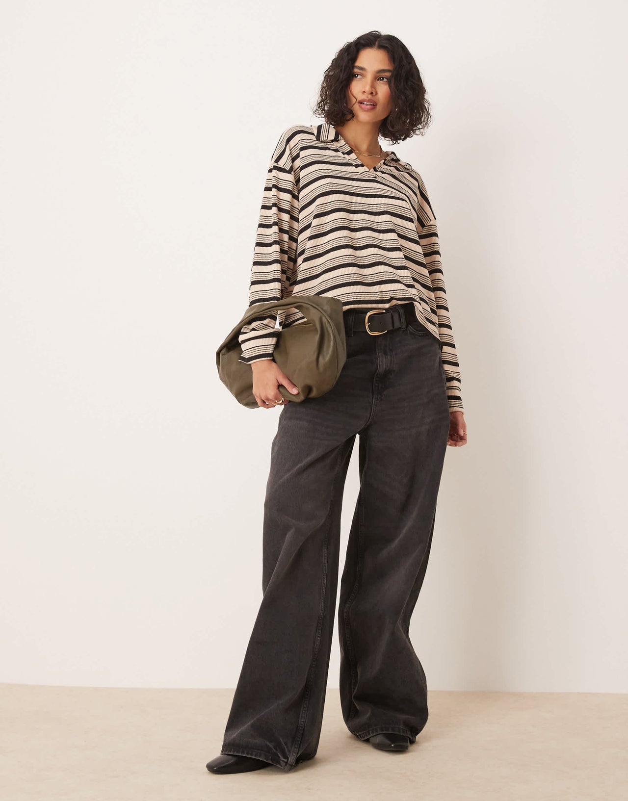 ASOS DESIGN long sleeve rugby collar top in camel stripe