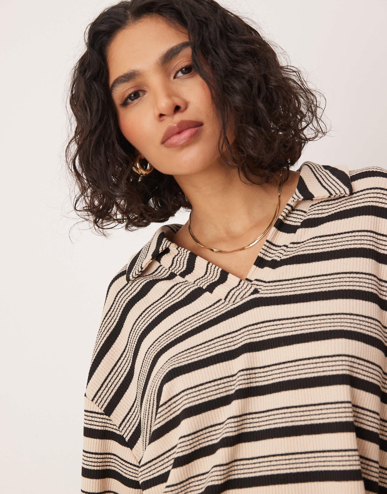 ASOS DESIGN long sleeve rugby collar top in camel stripe
