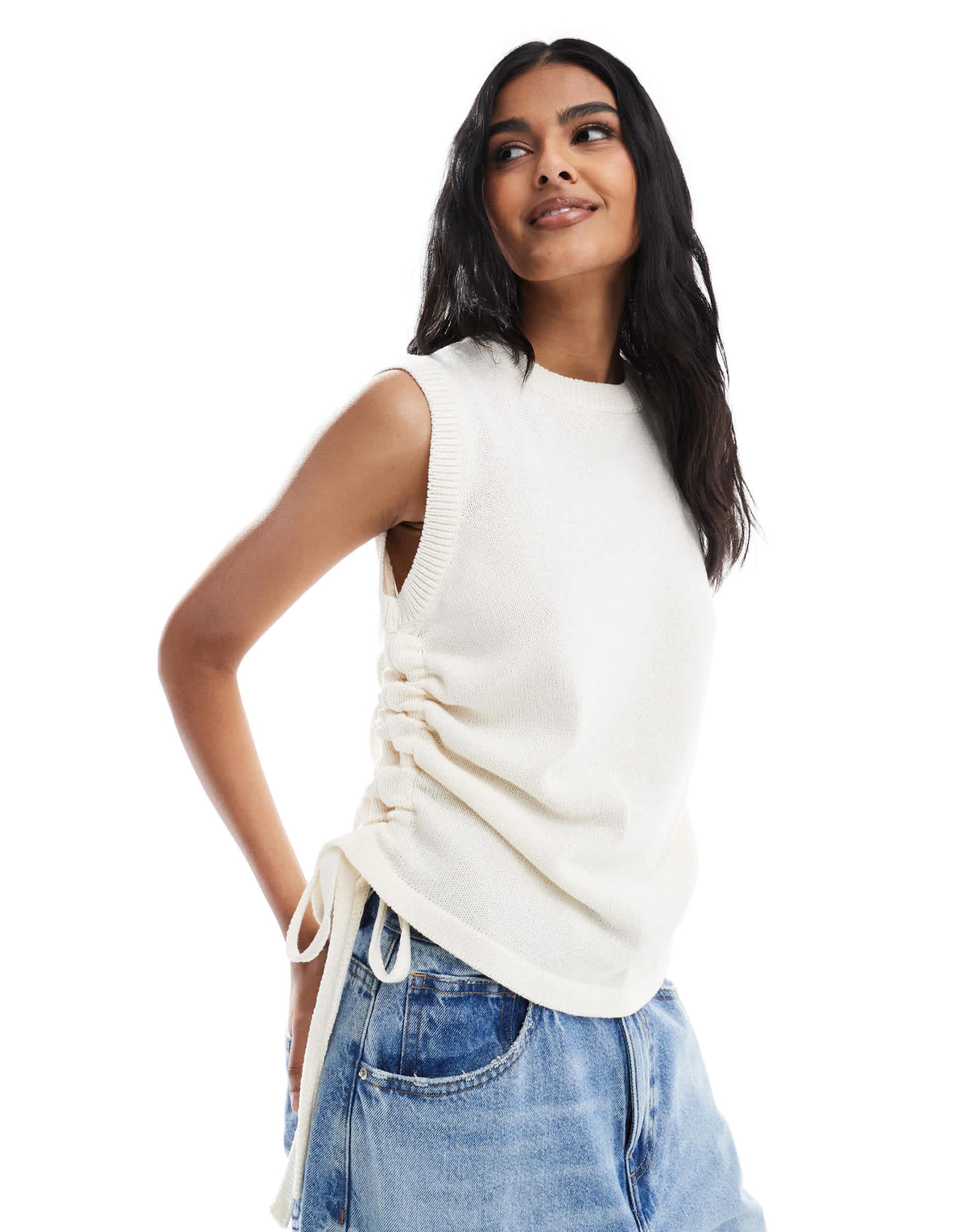ASOS DESIGN knitted tank with ruching in ecru