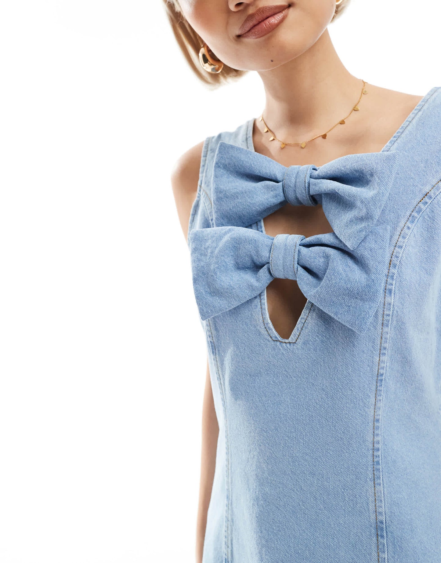 Miss Selfridge denim bow front dress in light blue wash