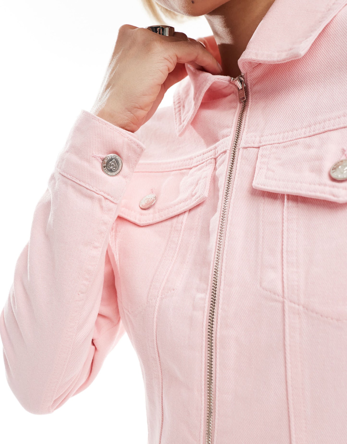 Miss Selfridge zip up denim mini dress in light pink