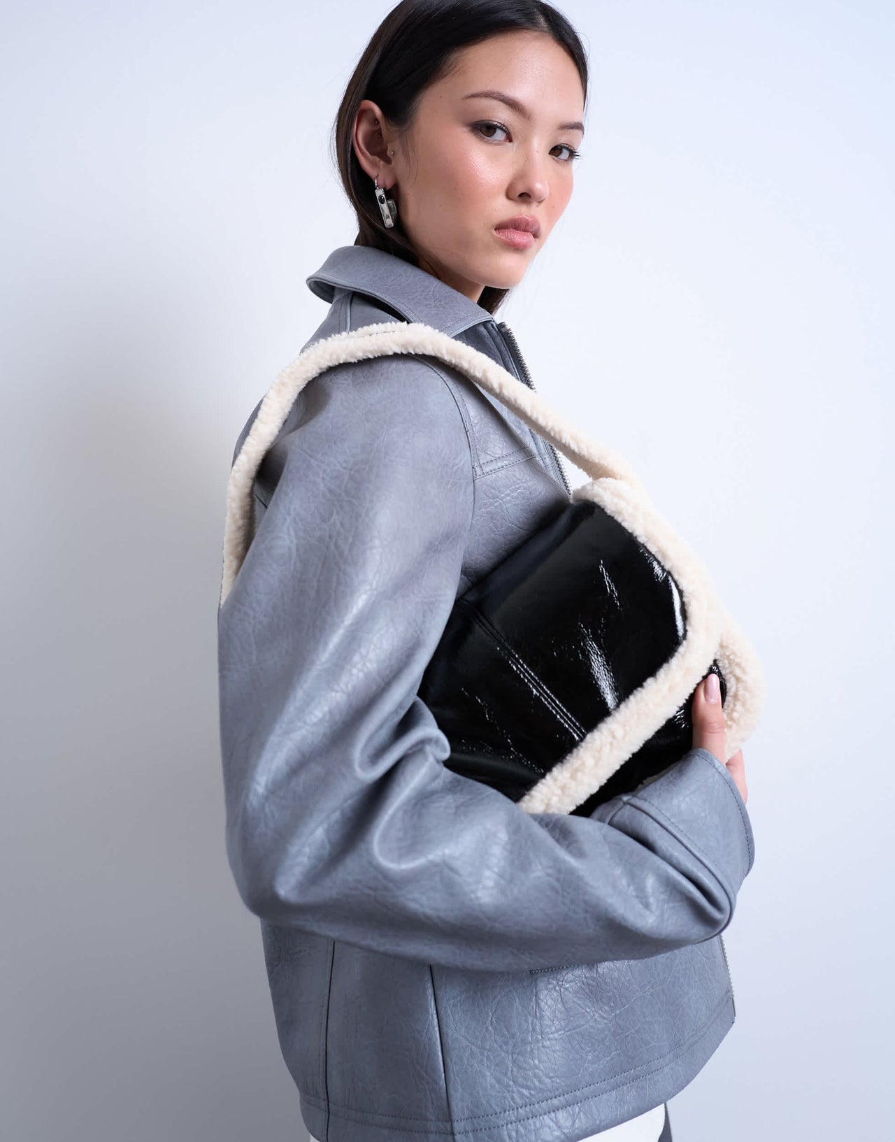Topshop Solo borg trim shoulder bag in black & white