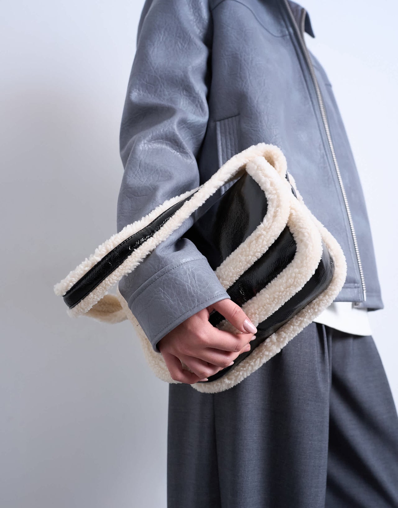 Topshop Solo borg trim shoulder bag in black & white