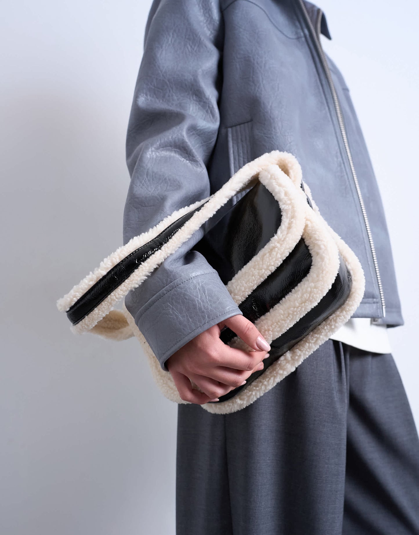 Topshop Solo borg trim shoulder bag in black & white