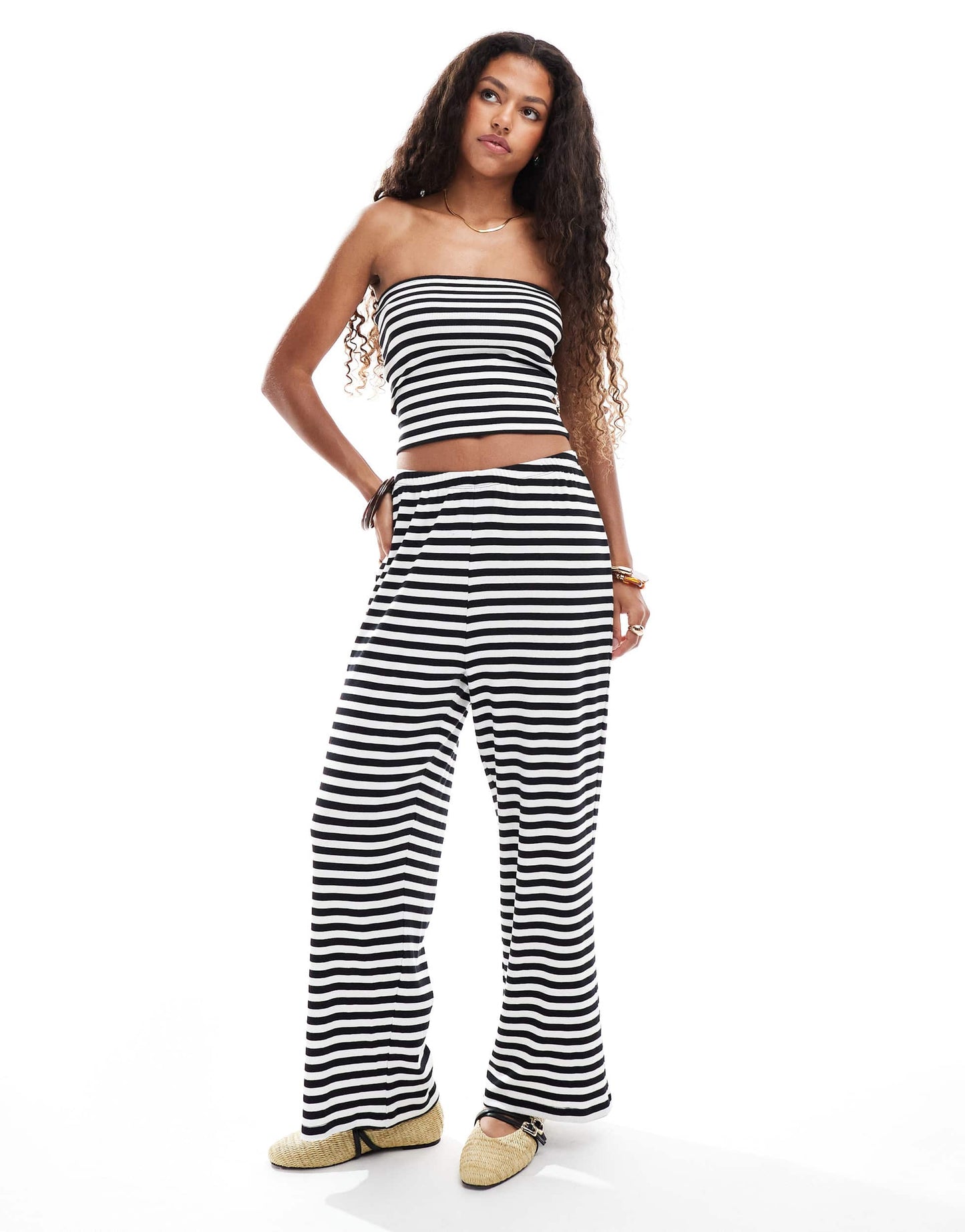 Vero Moda ribbed jersey trouser co-ord in mono stripe