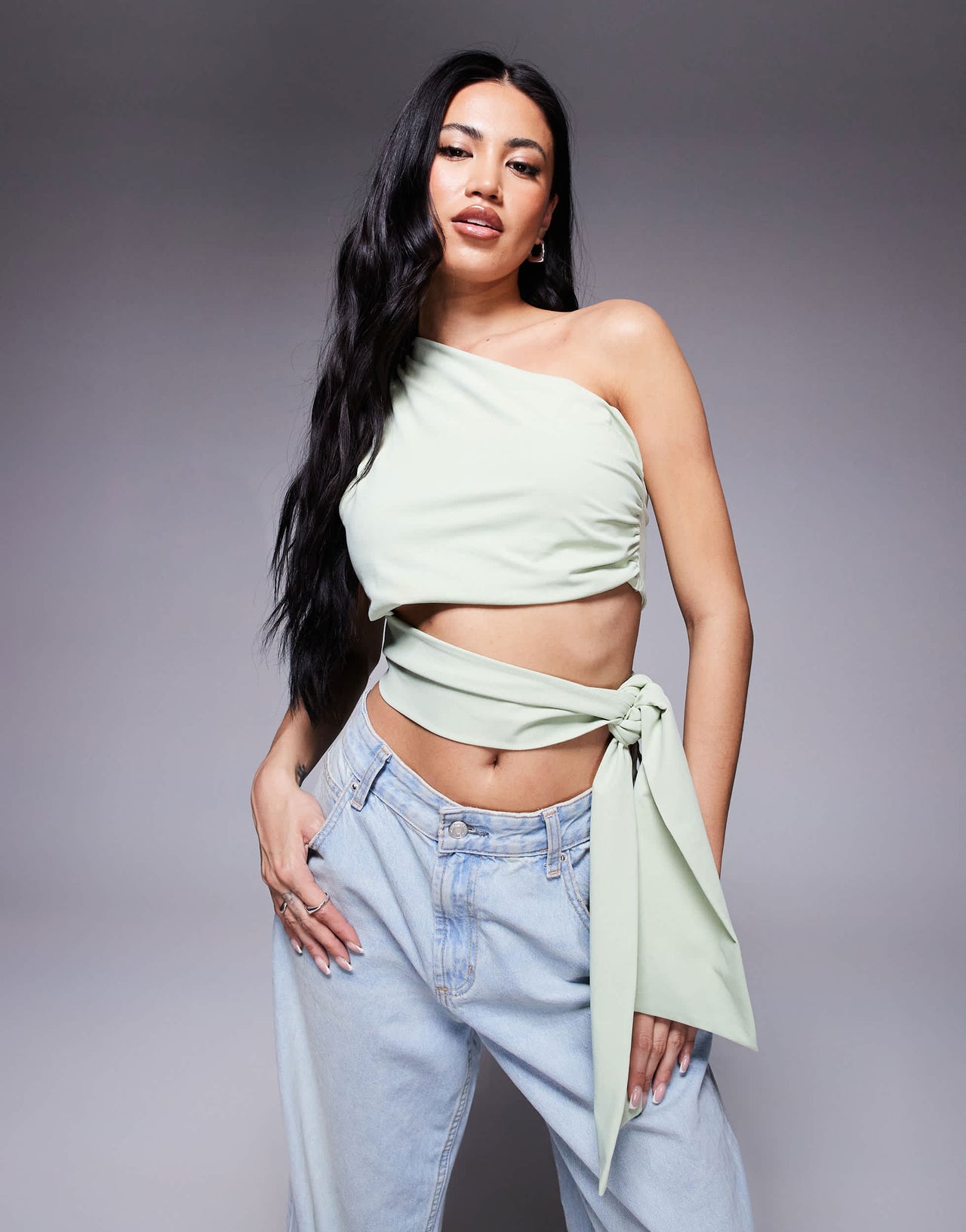 ASOS DESIGN clean one shoulder tie side top in pistachio