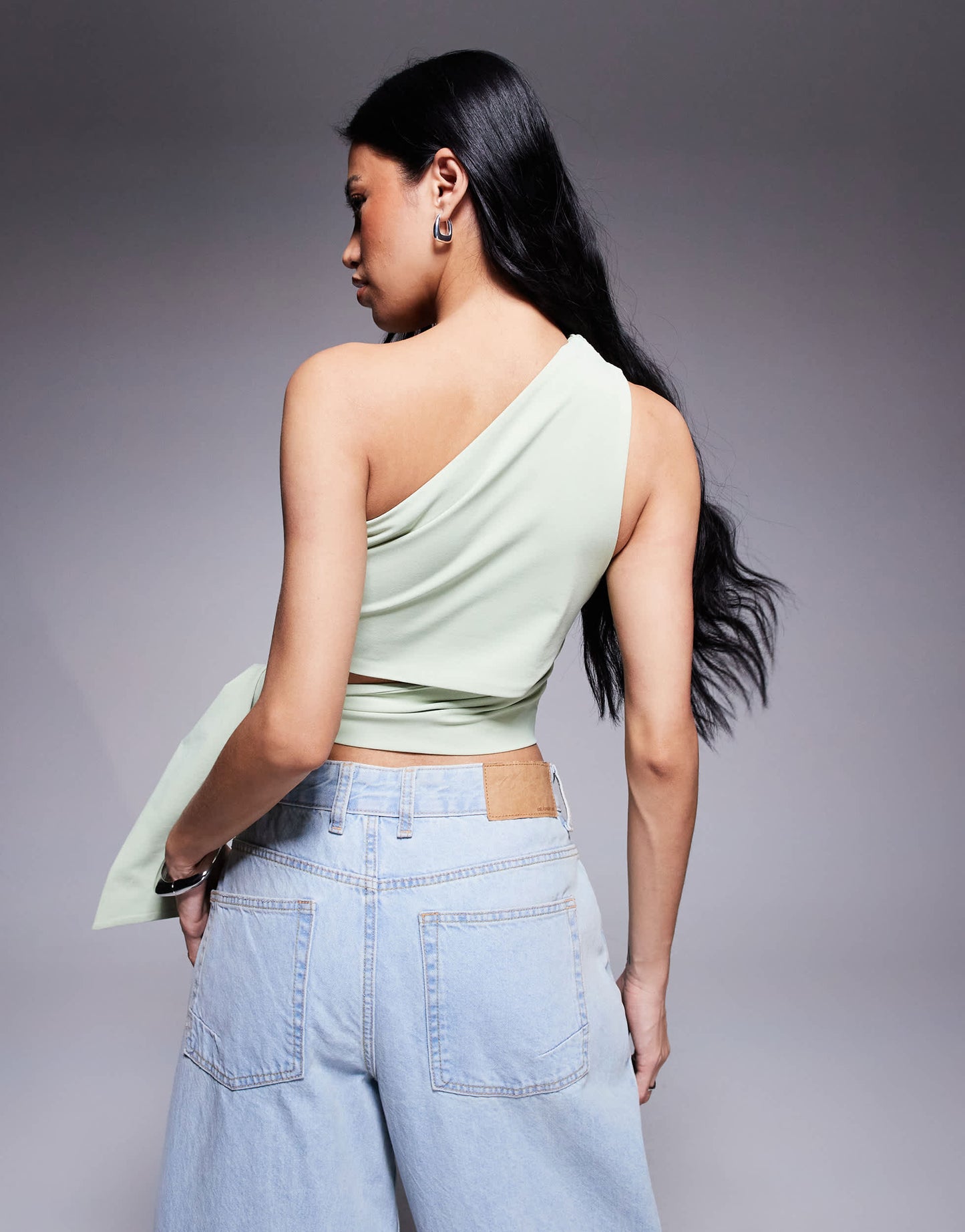 ASOS DESIGN clean one shoulder tie side top in pistachio