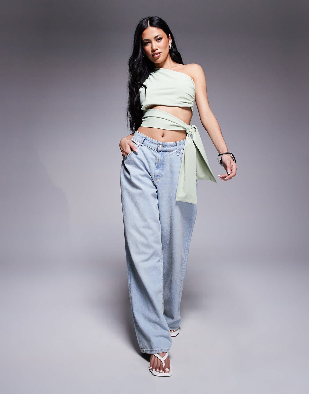ASOS DESIGN clean one shoulder tie side top in pistachio