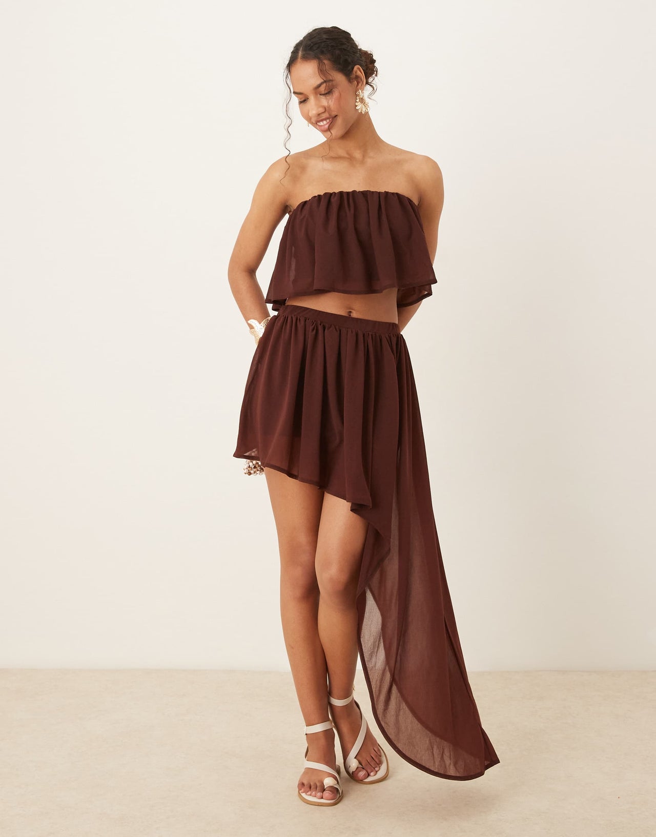 ASOS DESIGN co-ord ruffle semi sheer mini skirt with asymmetric hem in chocolate