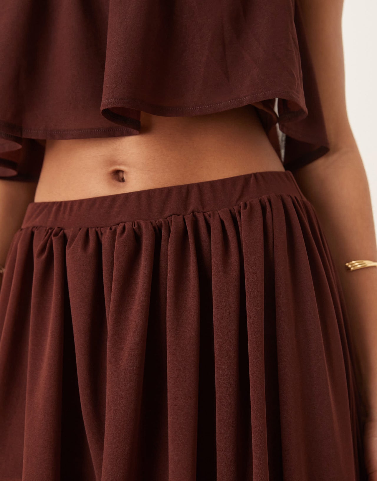 ASOS DESIGN co-ord ruffle semi sheer mini skirt with asymmetric hem in chocolate