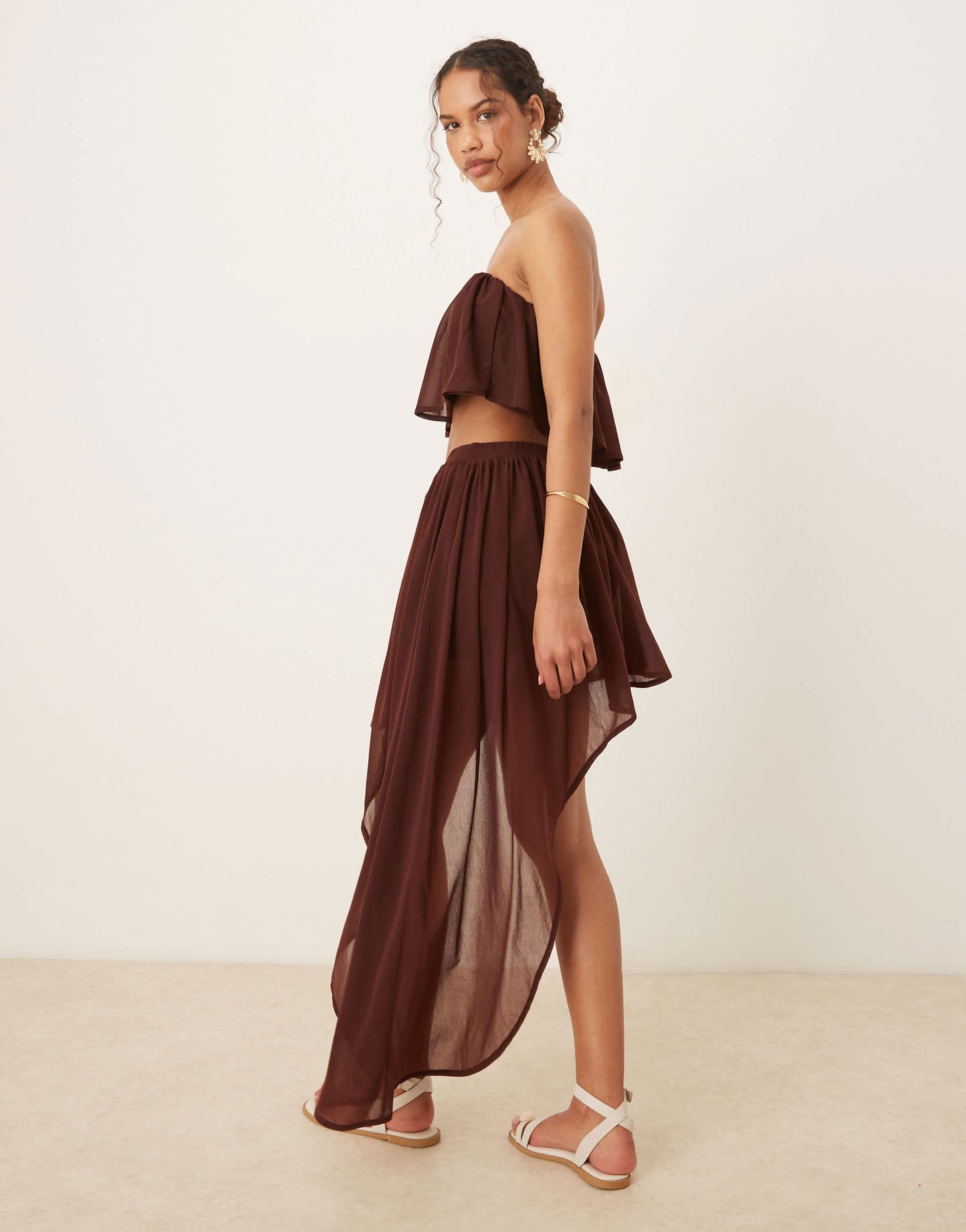 ASOS DESIGN co-ord ruffle semi sheer mini skirt with asymmetric hem in chocolate