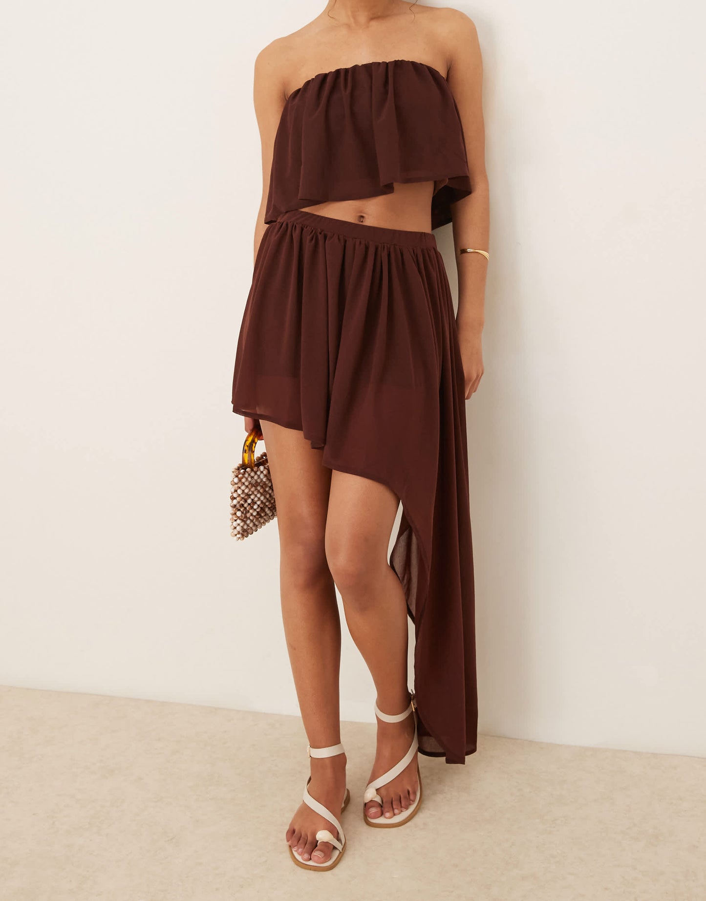 ASOS DESIGN co-ord ruffle semi sheer mini skirt with asymmetric hem in chocolate