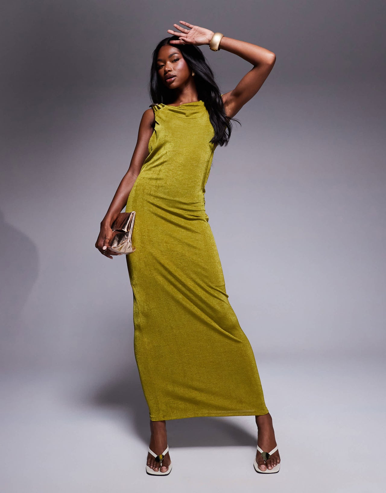 ASOS DESIGN sleeveless with plunge cowl back with trim detail maxi dress in green