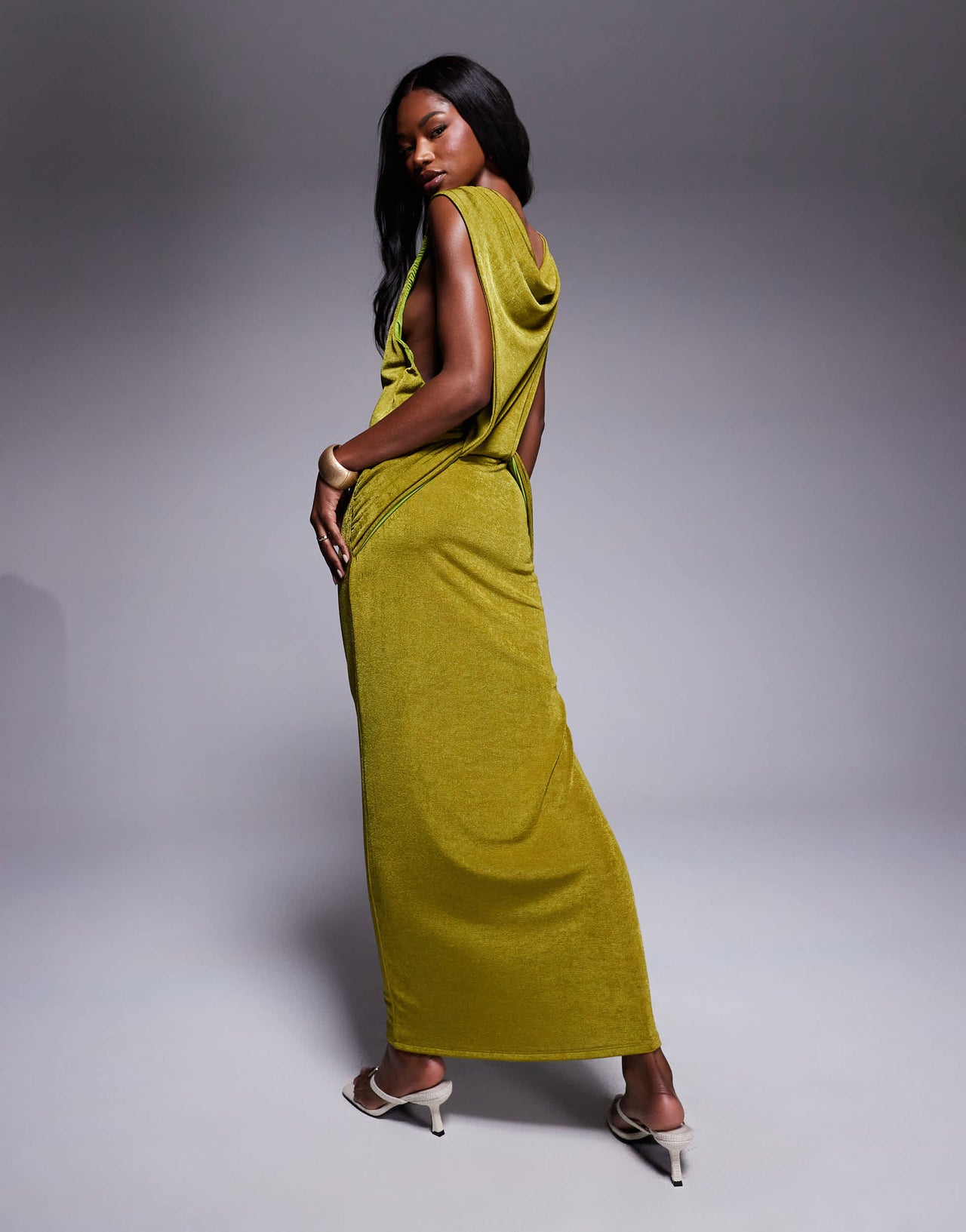 ASOS DESIGN sleeveless with plunge cowl back with trim detail maxi dress in green